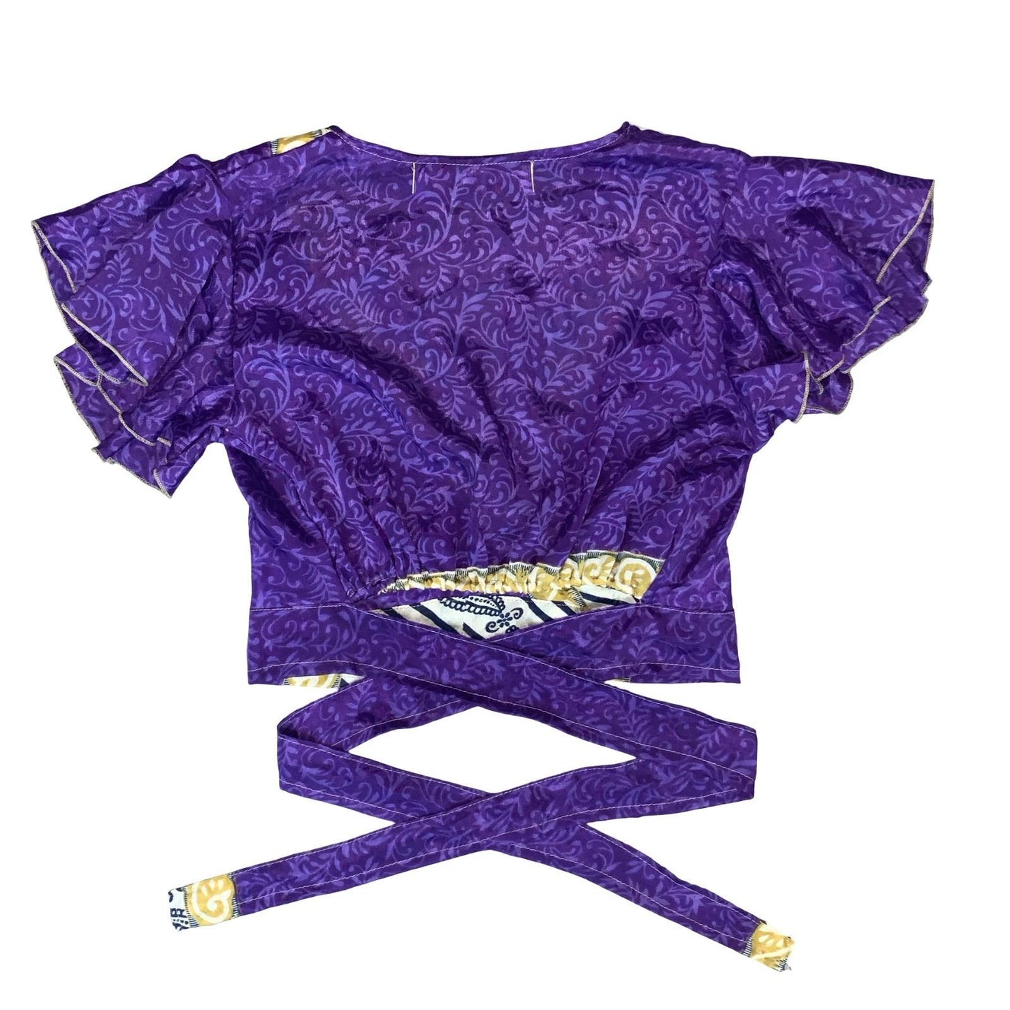 'FUNKY THREADS' PURPLE GOLD PAISLEY CROPPED INDIAN BOHO HIPPIE WRAP BLOUSE S 8