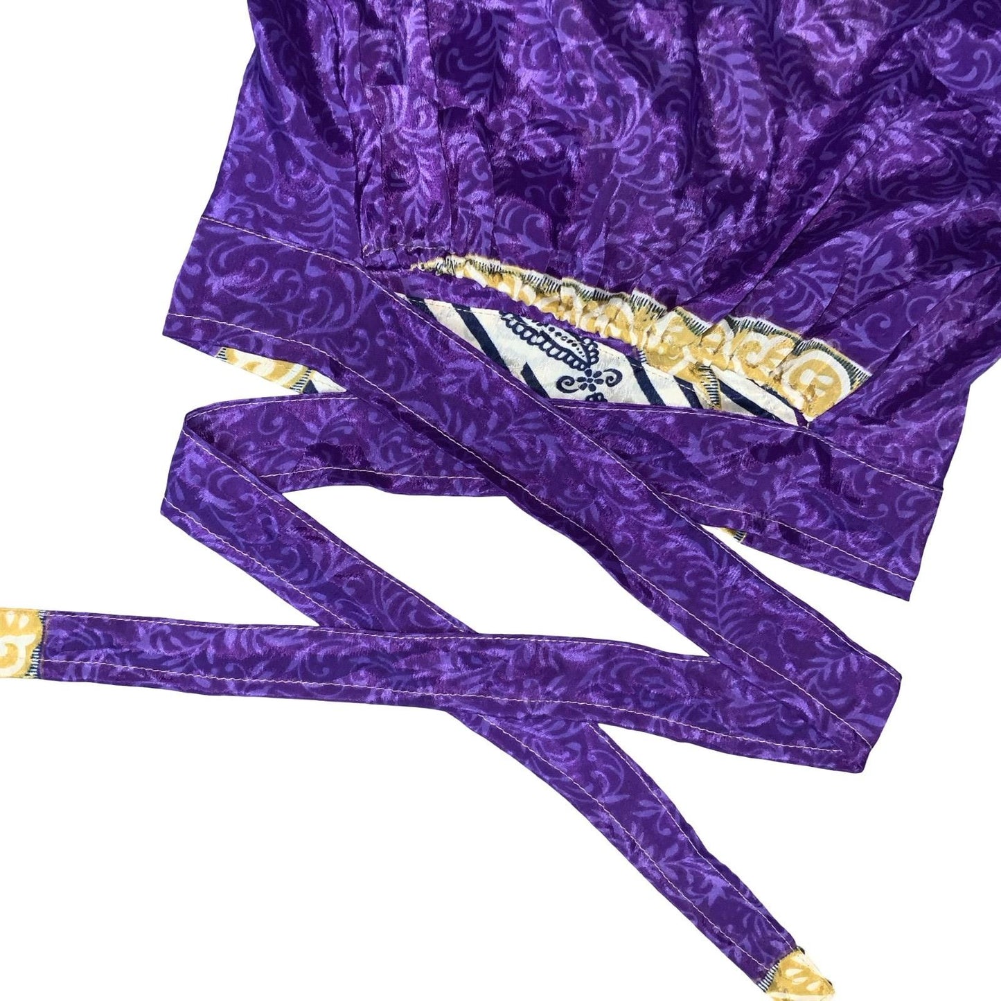 'FUNKY THREADS' PURPLE GOLD PAISLEY CROPPED INDIAN BOHO HIPPIE WRAP BLOUSE S 8