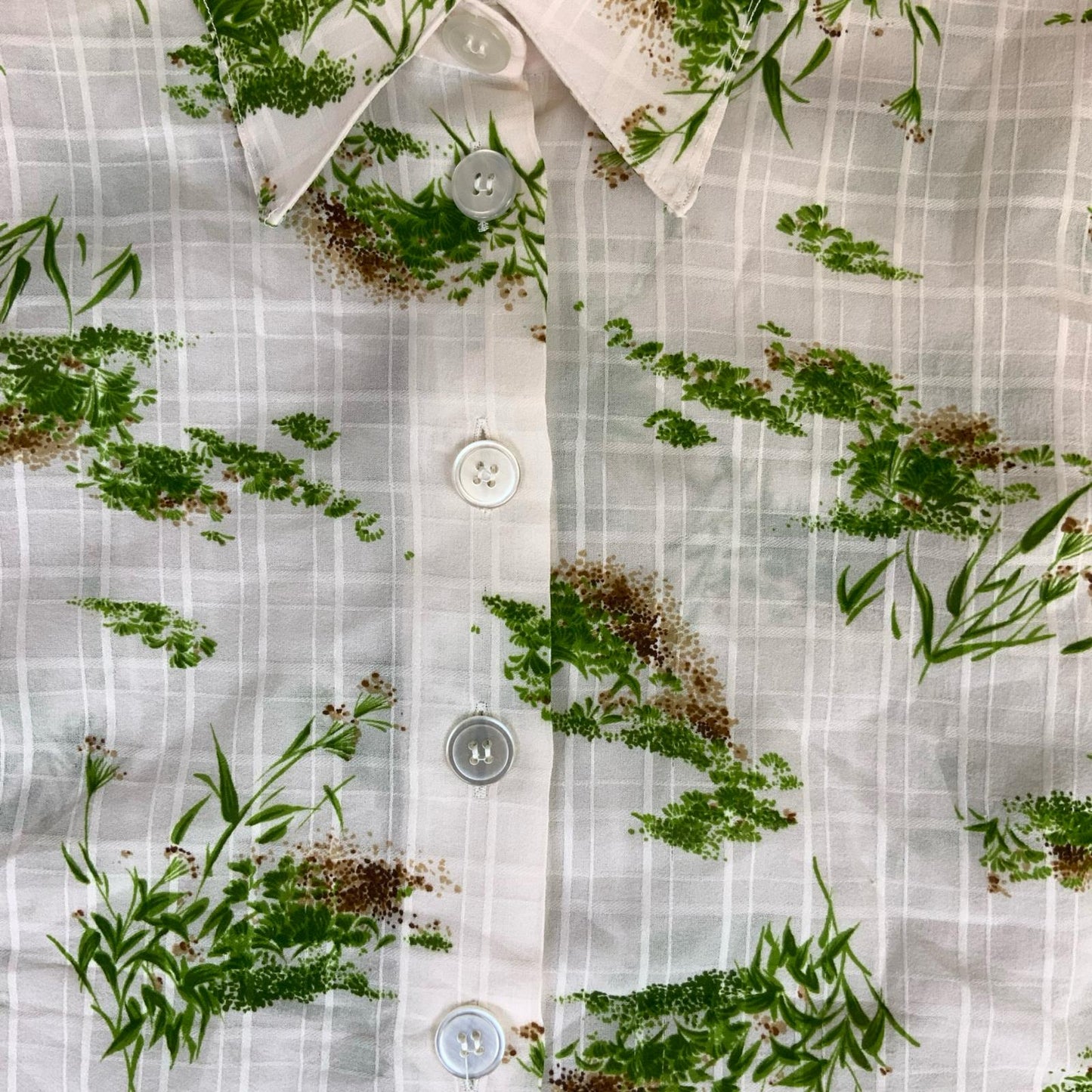 VTG WHITE GREEN BOTANICAL PATTERNED BUTTON-UP COLLARED BLOUSE UK 12 14