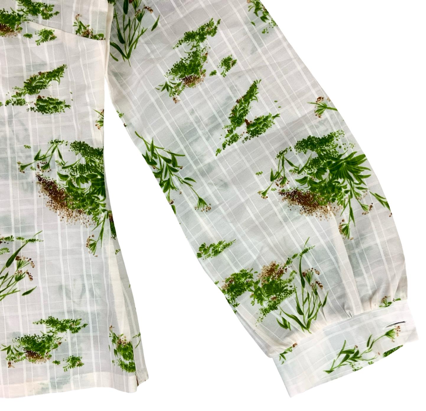 VTG WHITE GREEN BOTANICAL PATTERNED BUTTON-UP COLLARED BLOUSE UK 12 14