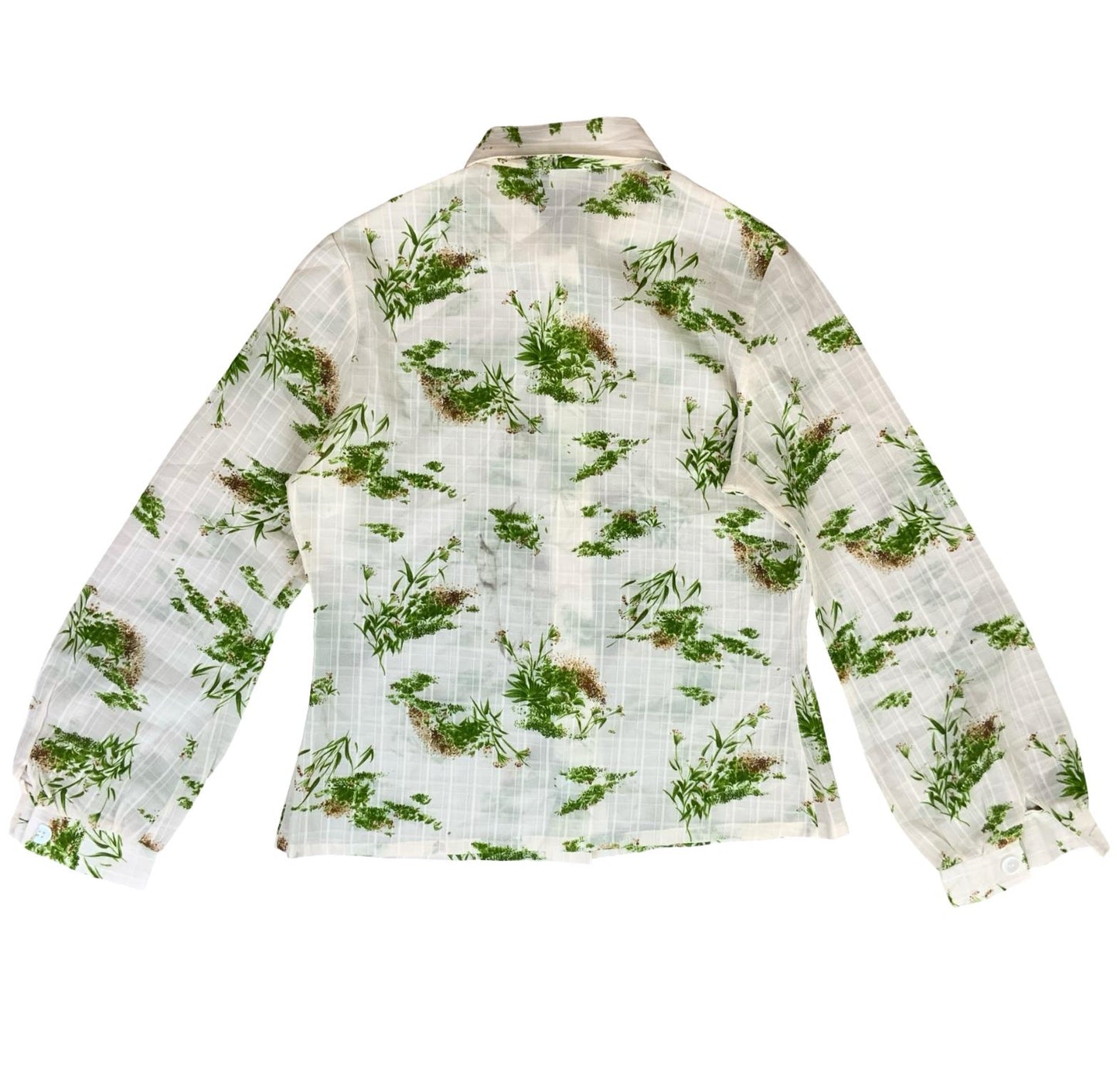 VTG WHITE GREEN BOTANICAL PATTERNED BUTTON-UP COLLARED BLOUSE UK 12 14