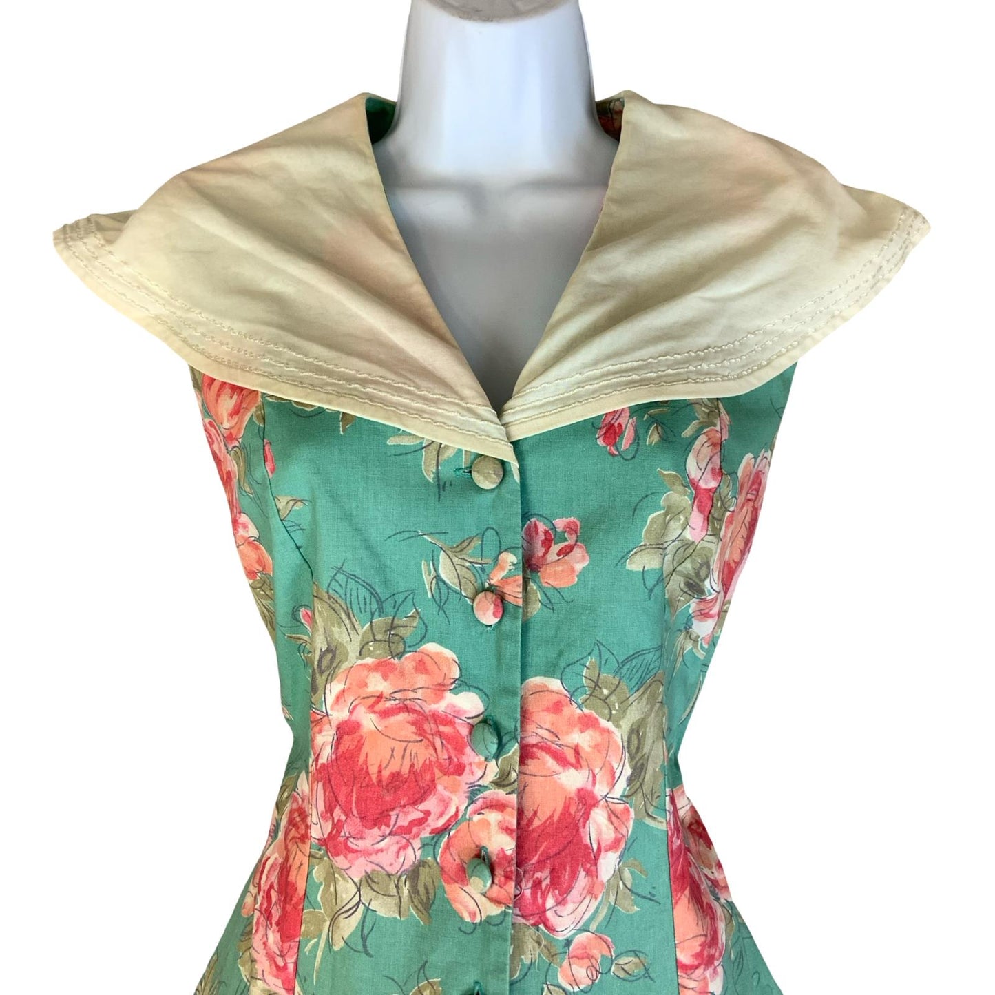 VTG 80s does 50s 'LAURA ASHLEY' BLUE RED FLORAL DROP-WAIST A-LINE MIDI DRESS S 8