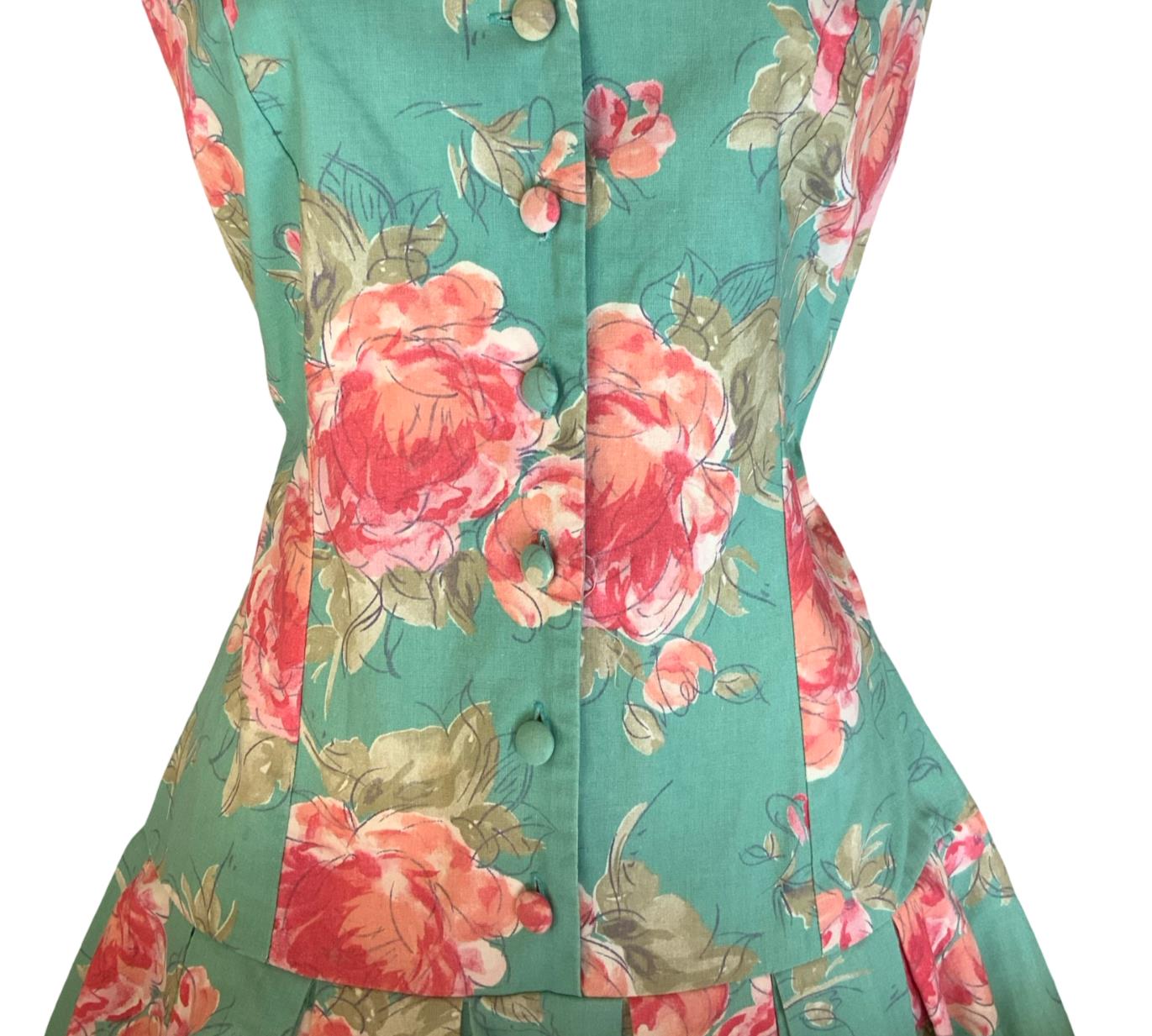 VTG 80s does 50s 'LAURA ASHLEY' BLUE RED FLORAL DROP-WAIST A-LINE MIDI DRESS S 8