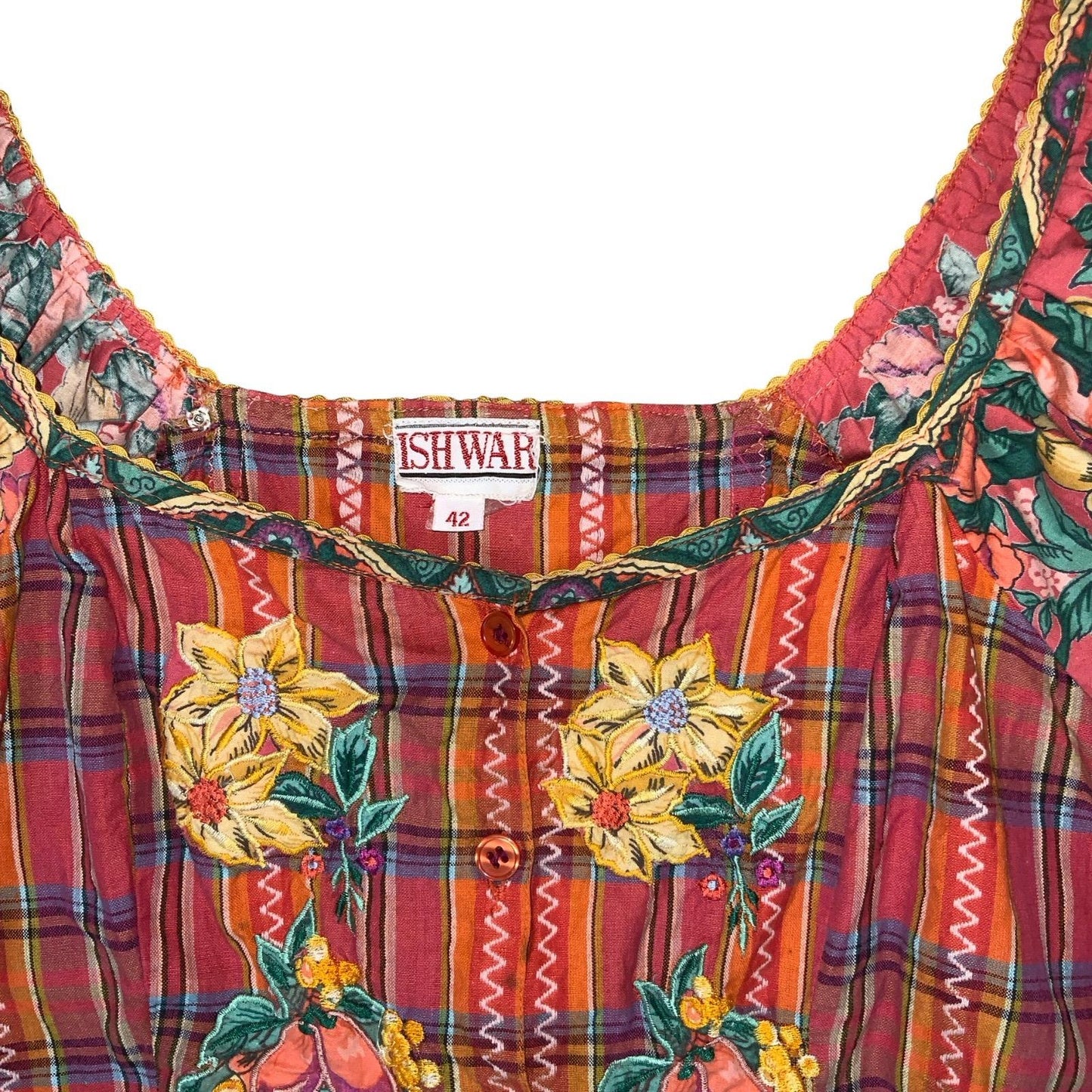 VTG 90s 'ISHWAR' RED GREEN GINGHAM FLORAL EMBROIDERED MILKMAID CORSET TOP S