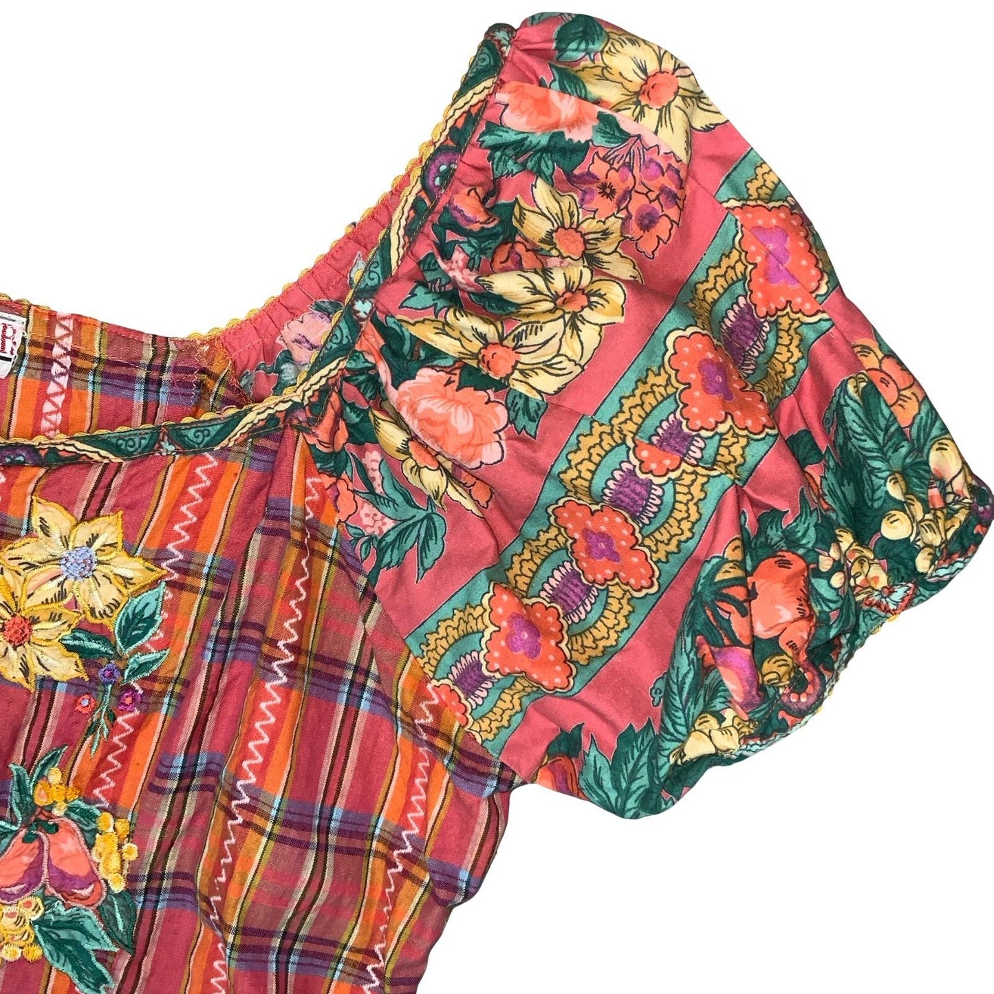VTG 90s 'ISHWAR' RED GREEN GINGHAM FLORAL EMBROIDERED MILKMAID CORSET TOP S