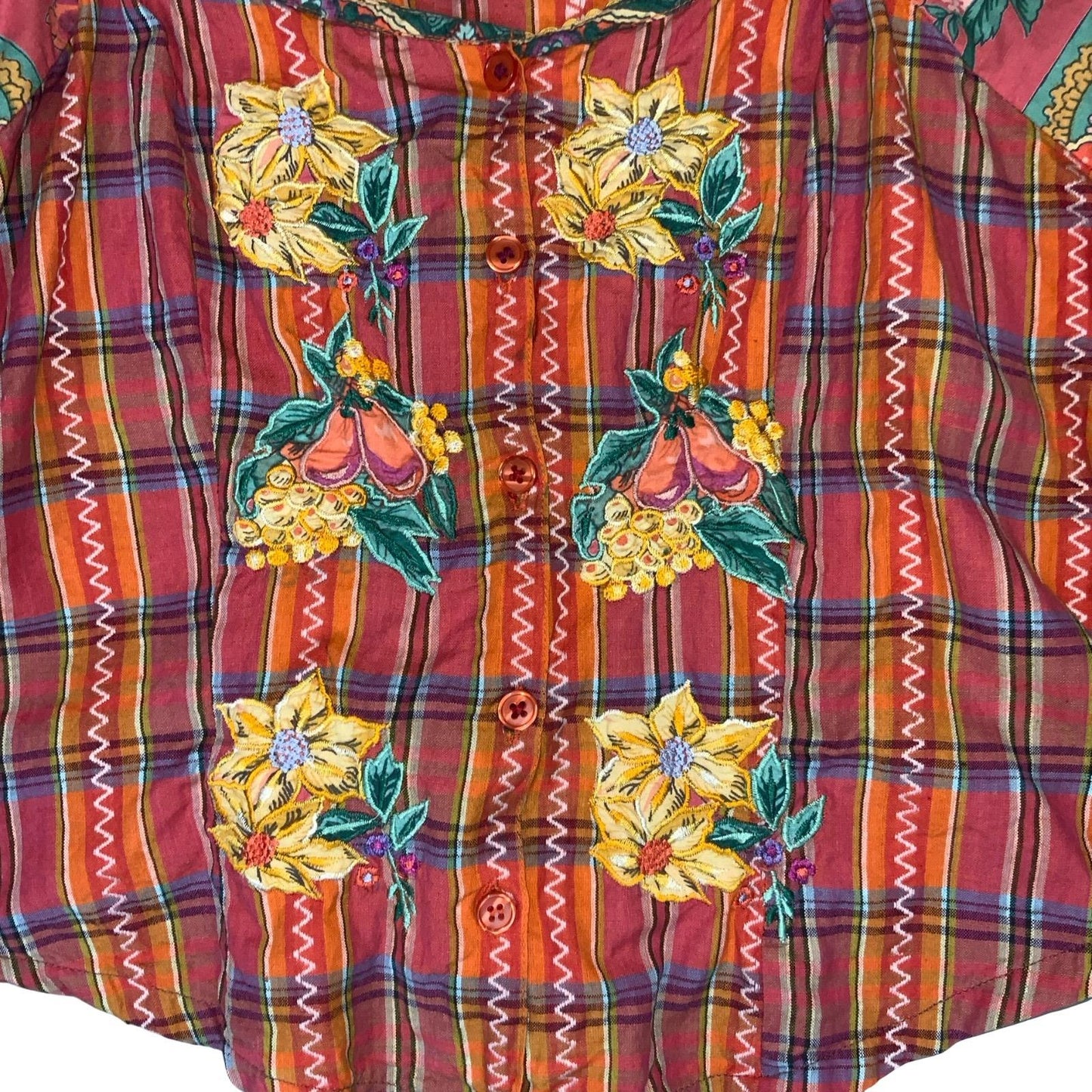 VTG 90s 'ISHWAR' RED GREEN GINGHAM FLORAL EMBROIDERED MILKMAID CORSET TOP S