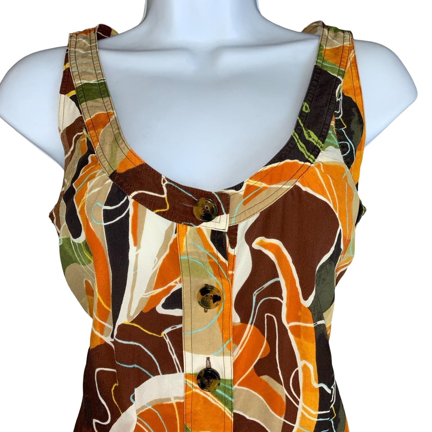 VTG 'ESCADA SPORT' SILK BROWN ORANGE ABSTRACT SLEEVELESS MINI POCKETS DRESS S 10