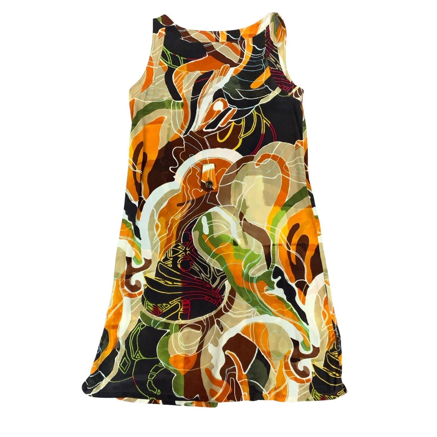 VTG 'ESCADA SPORT' SILK BROWN ORANGE ABSTRACT SLEEVELESS MINI POCKETS DRESS S 10