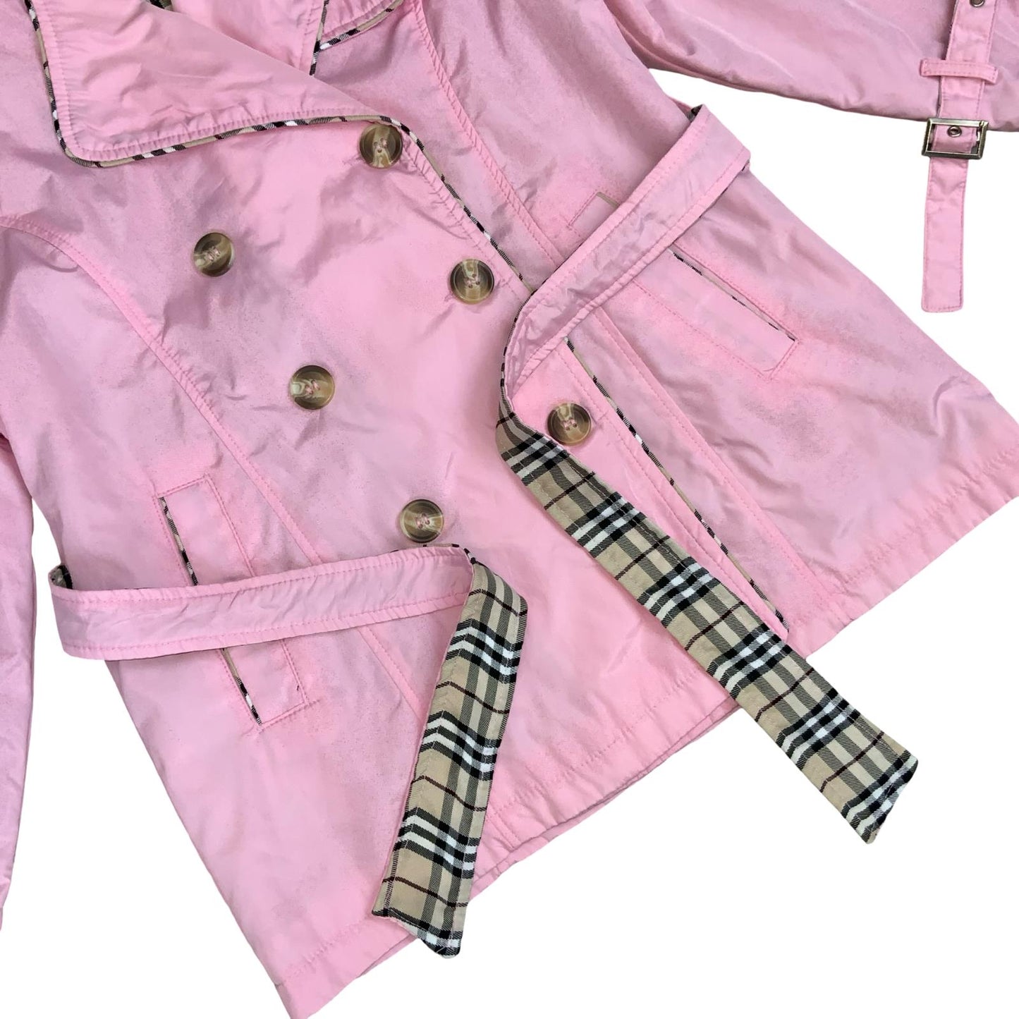 VTG 'BURBERRY LONDON' PINK TARTAN DOUBLE BREASTED BELTED TRENCH COAT S 8 10