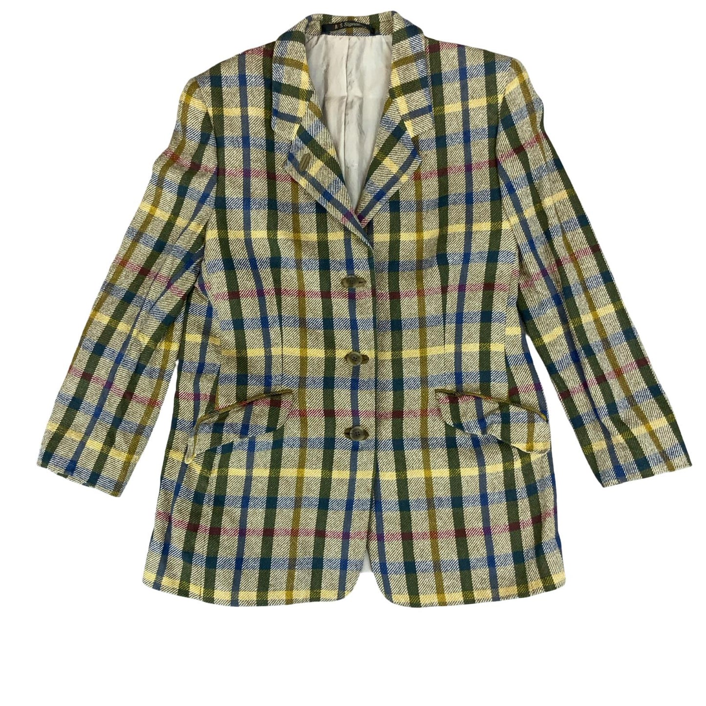 VTG 70s 80s 'DAKS' SIGNATURE BEIGE BLUE LONDON TARTAN WOOL BRITISH TAILORED M 14