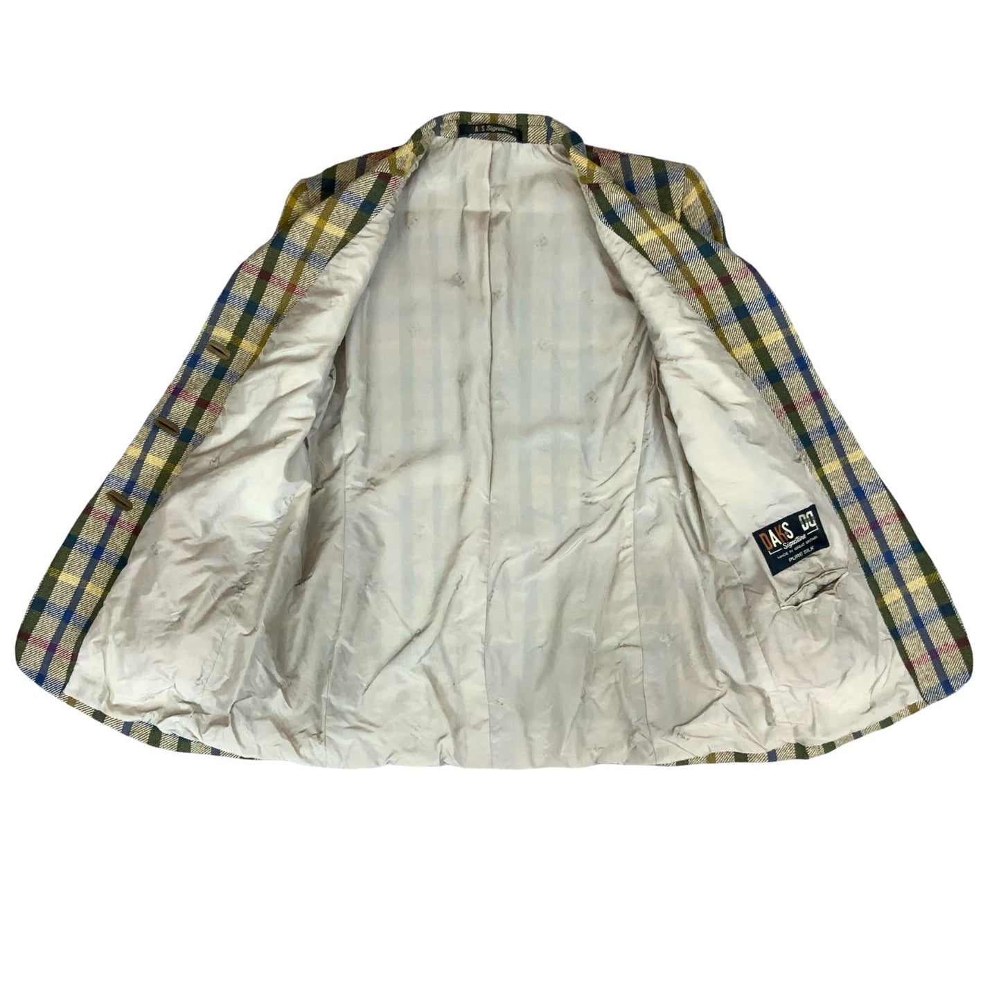 VTG 70s 80s 'DAKS' SIGNATURE BEIGE BLUE LONDON TARTAN WOOL BRITISH TAILORED M 14