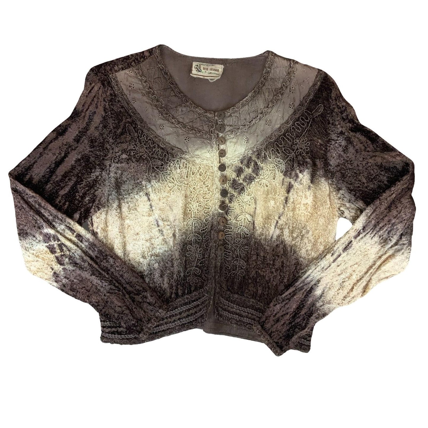 VTG 90s y2k 'NEW FASHION' BROWN CREAM TIE DYE BOHO EMBROIDERED BLOUSE L 16