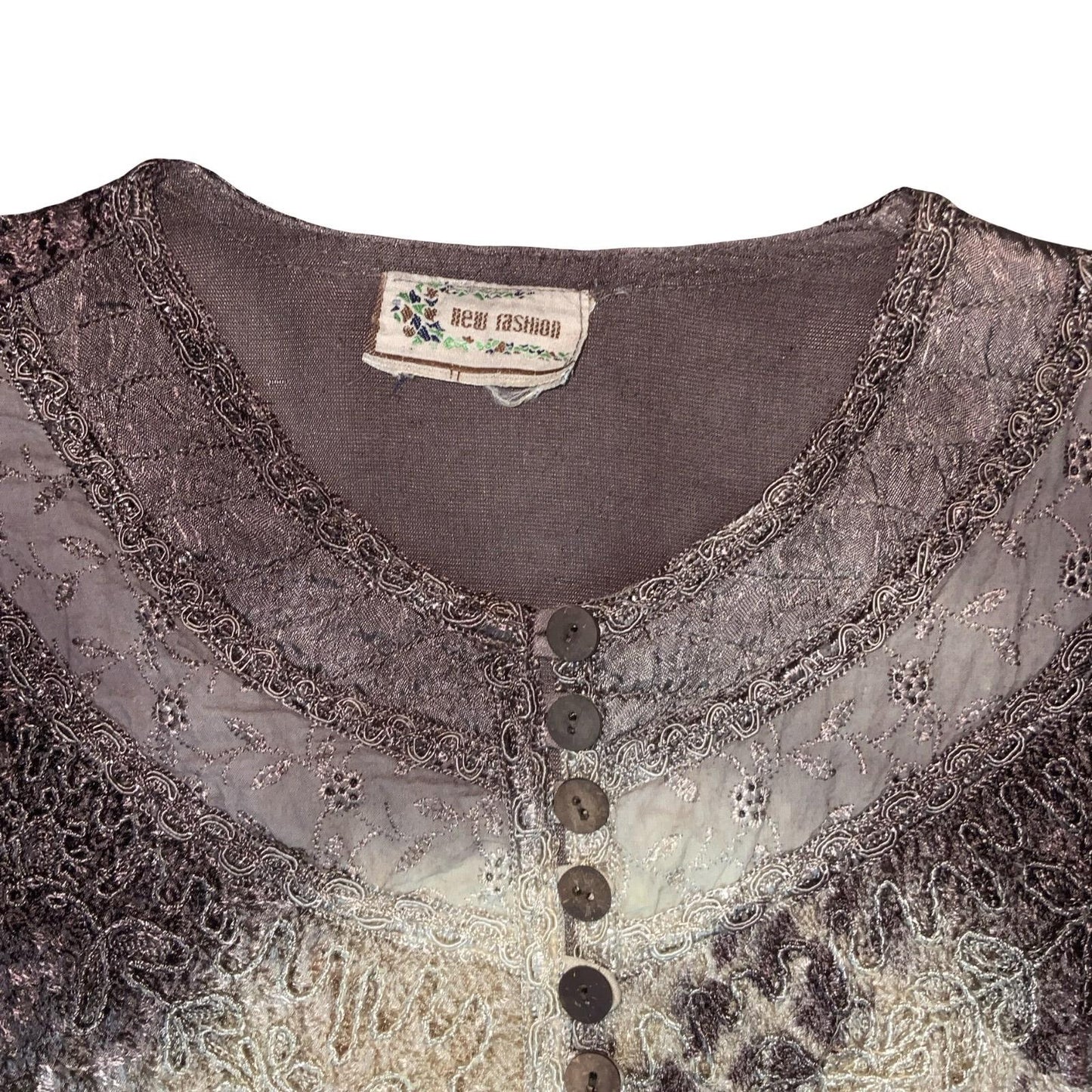 VTG 90s y2k 'NEW FASHION' BROWN CREAM TIE DYE BOHO EMBROIDERED BLOUSE L 16