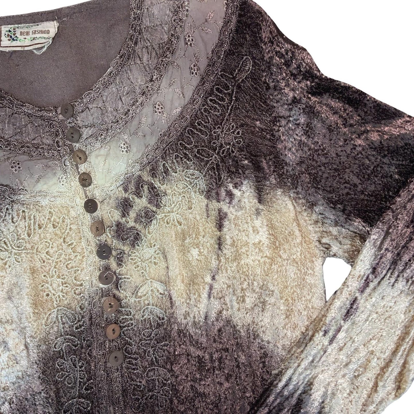 VTG 90s y2k 'NEW FASHION' BROWN CREAM TIE DYE BOHO EMBROIDERED BLOUSE L 16