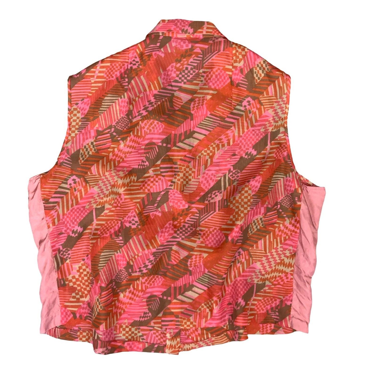 VTG 60s MOD PSYCHEDELIC GEOMETRIC RED PINK SLEEVELESS PUSSY BOW BLOUSE L 16