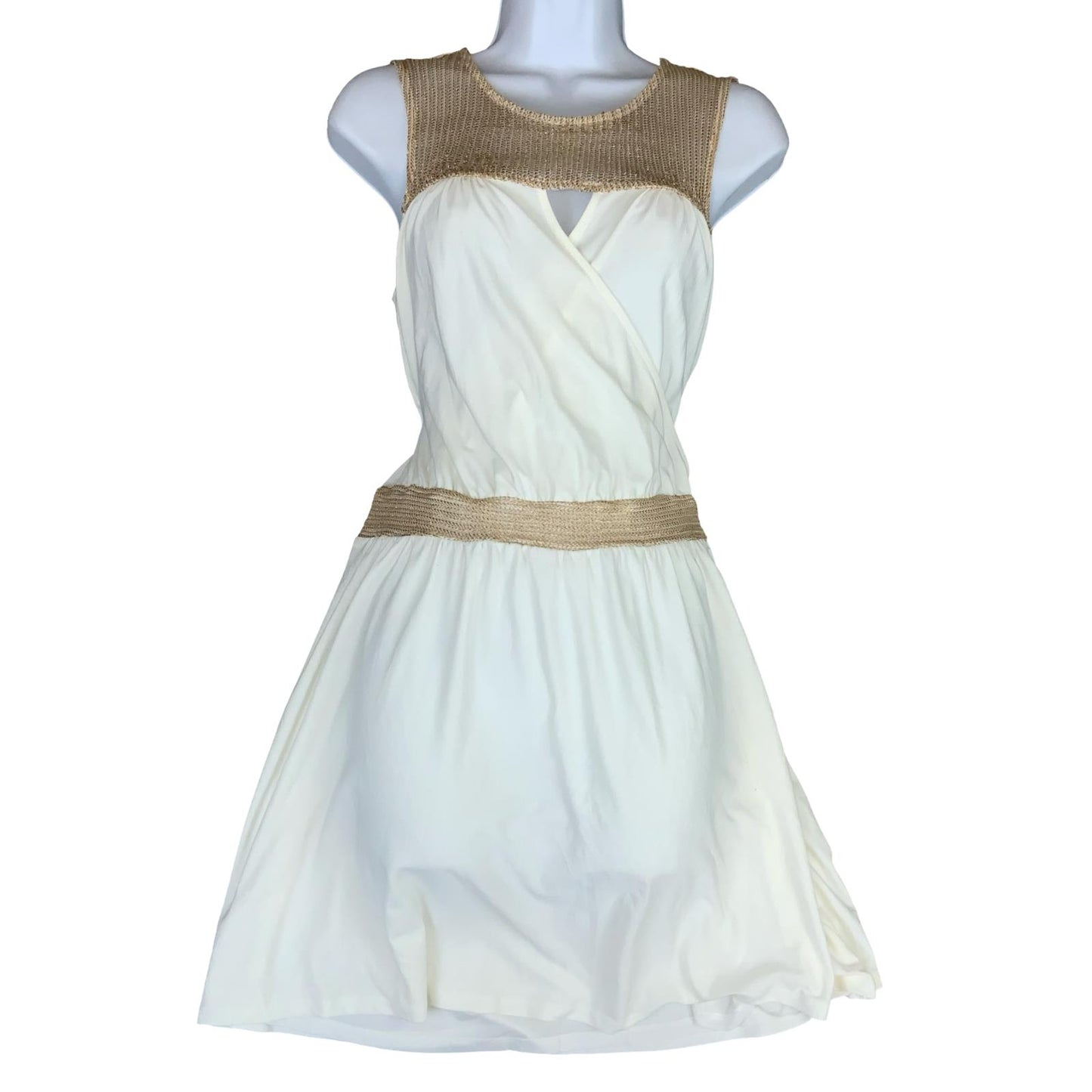 VTG 90s 'MORGAN' WHITE GOLD WRAP-STYLE MINI SLEEVELESS BEACH DAY SUMMER DRESS XS