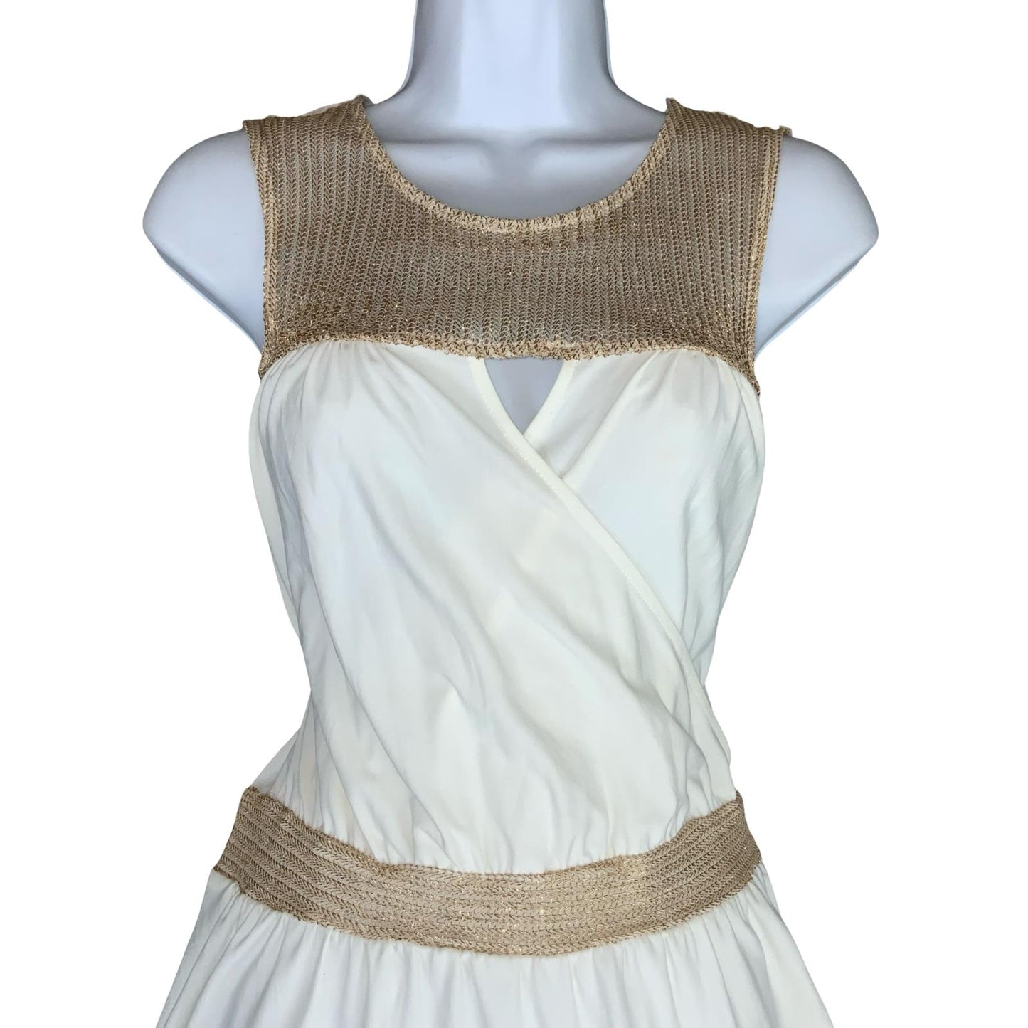 VTG 90s 'MORGAN' WHITE GOLD WRAP-STYLE MINI SLEEVELESS BEACH DAY SUMMER DRESS XS