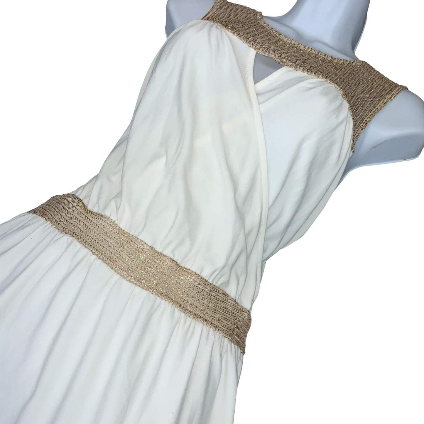 VTG 90s 'MORGAN' WHITE GOLD WRAP-STYLE MINI SLEEVELESS BEACH DAY SUMMER DRESS XS