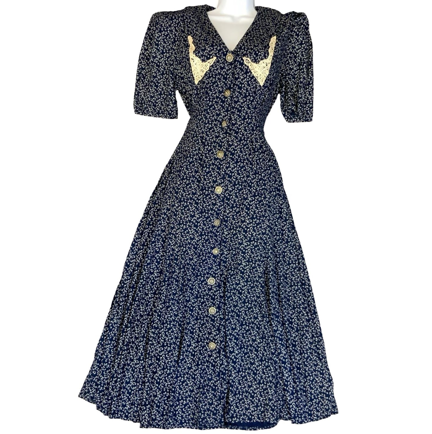 VTG 80s 90s 'ALL THAT JAZZ' BLUE WHITE FLORAL GRUNGE PRAIRIE BOXY MIDI DRESS S 8