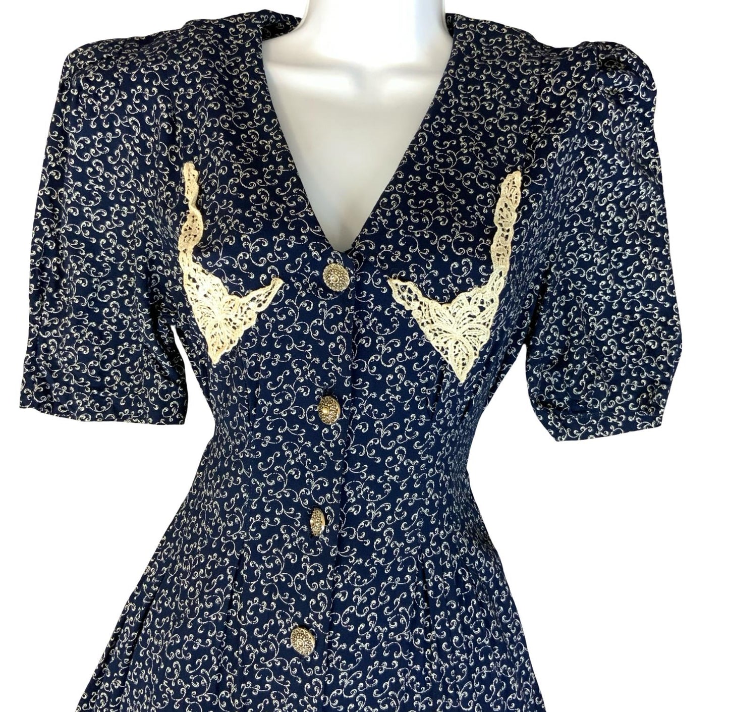 VTG 80s 90s 'ALL THAT JAZZ' BLUE WHITE FLORAL GRUNGE PRAIRIE BOXY MIDI DRESS S 8