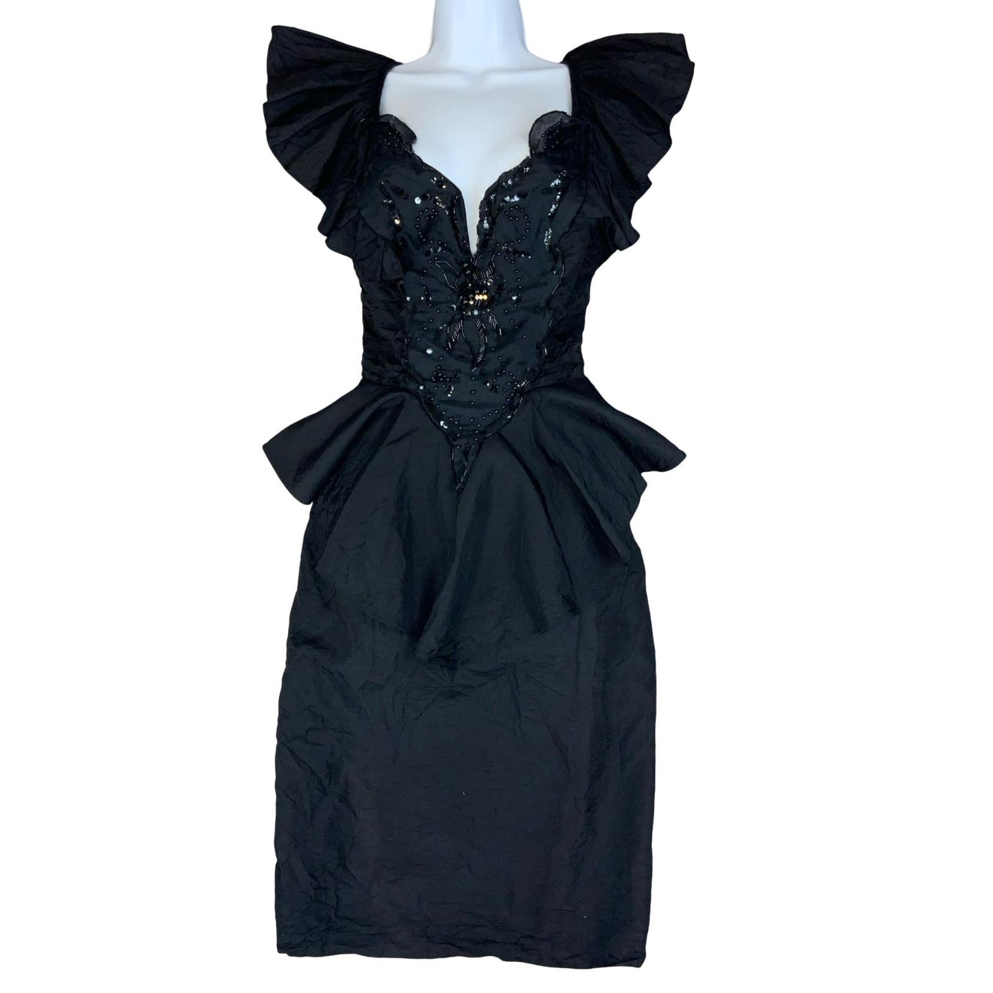 VTG 80s 'CLIMAX KAREN OKADA' BLACK BEADED GOTHIC PEPLUM BODICE DRESS UK 10/12