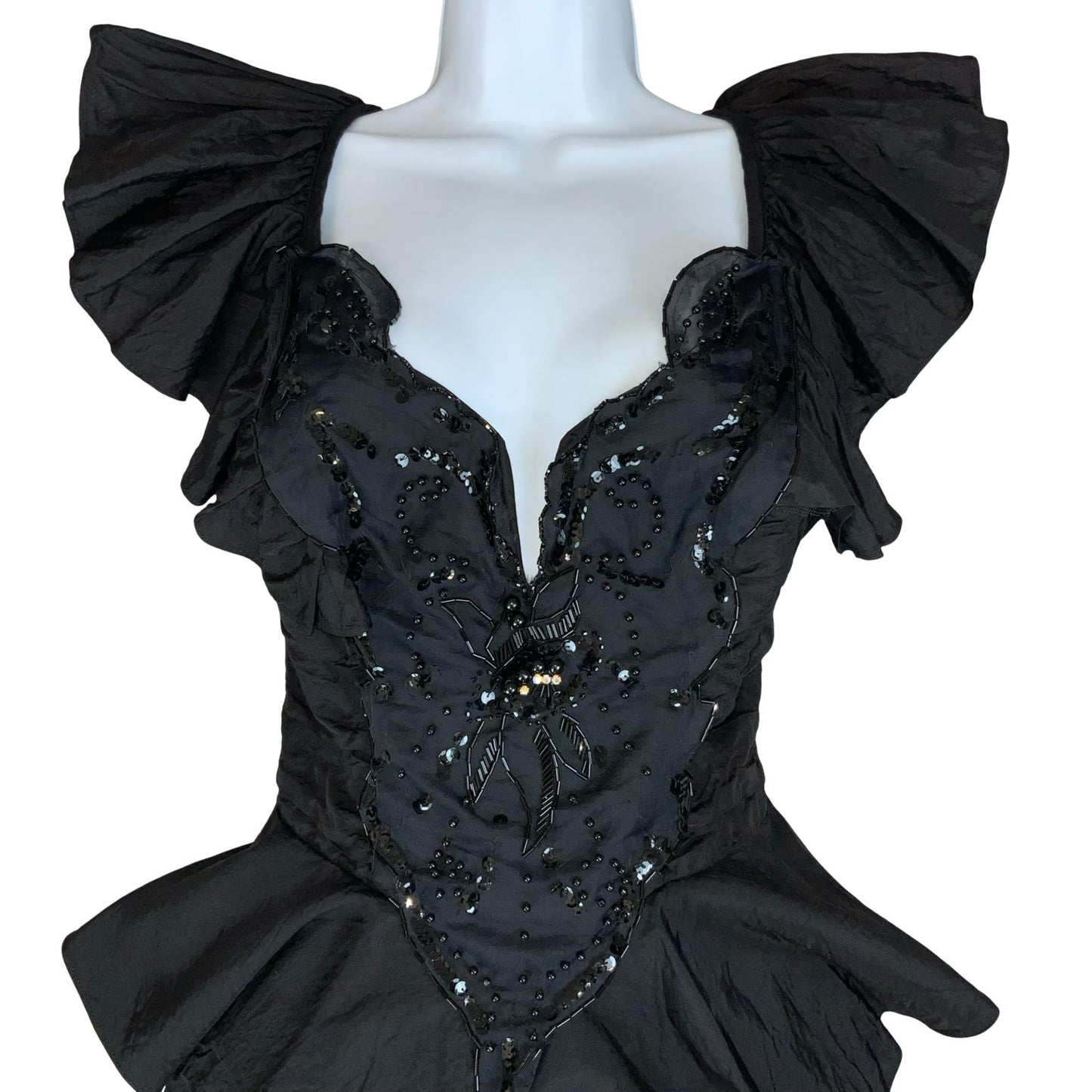 VTG 80s 'CLIMAX KAREN OKADA' BLACK BEADED GOTHIC PEPLUM BODICE DRESS UK 10/12