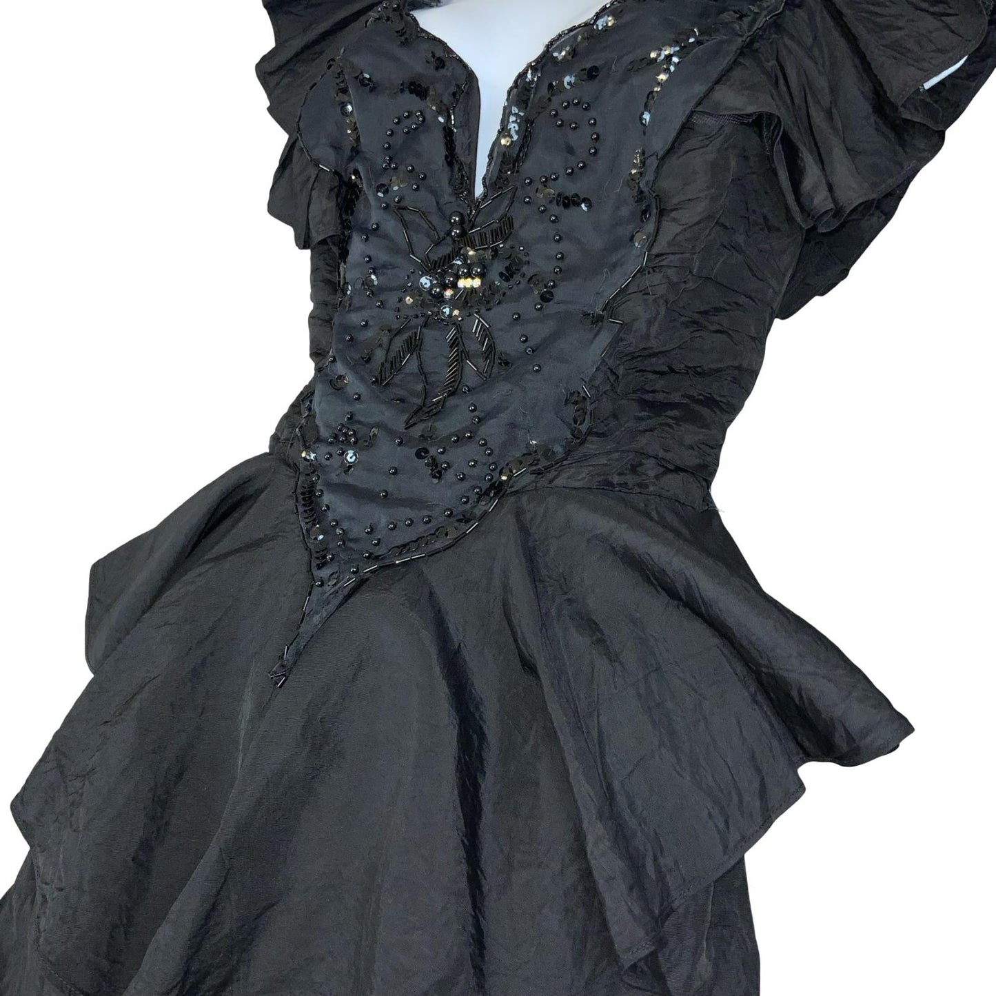 VTG 80s 'CLIMAX KAREN OKADA' BLACK BEADED GOTHIC PEPLUM BODICE DRESS UK 10/12