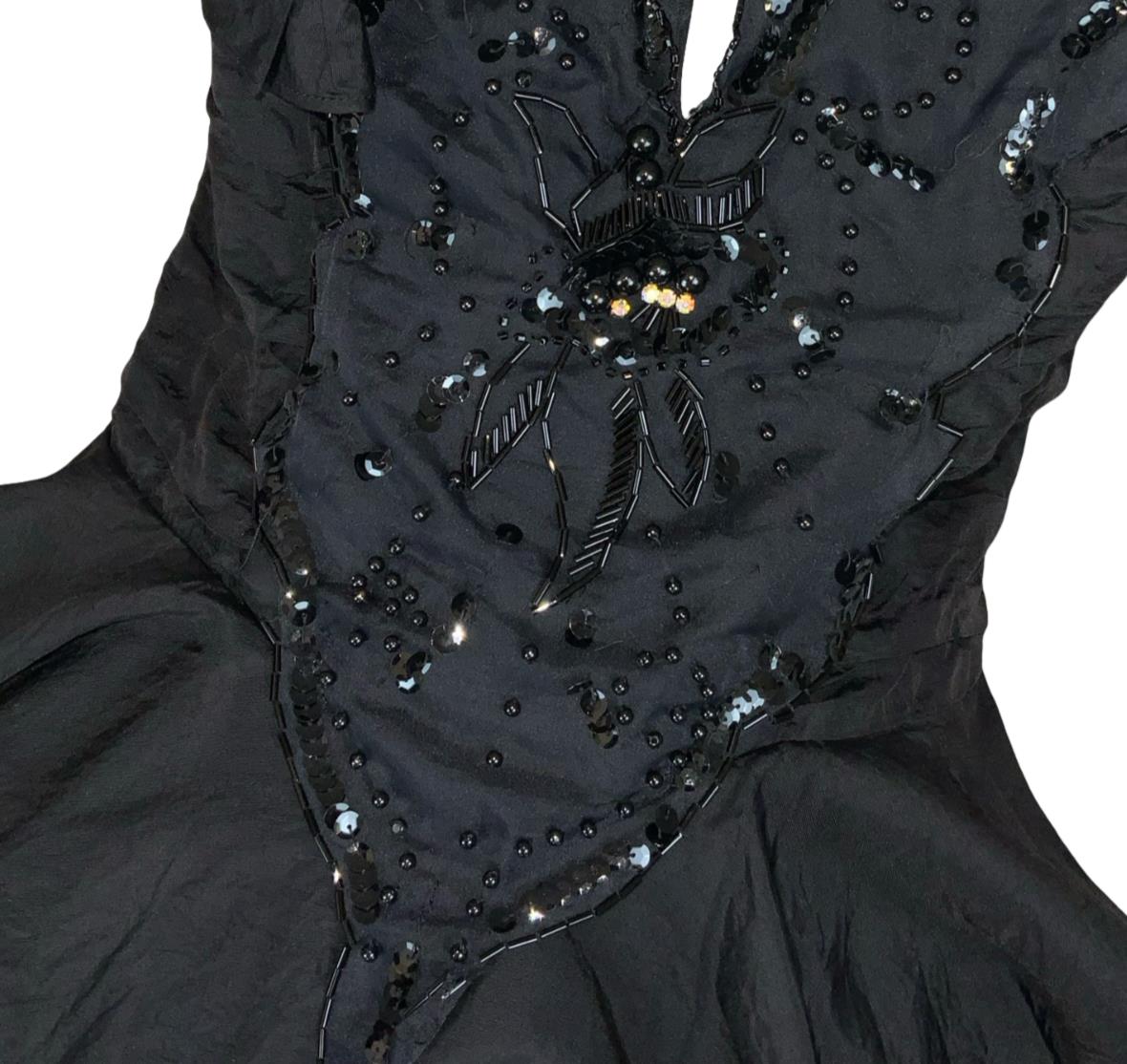 VTG 80s 'CLIMAX KAREN OKADA' BLACK BEADED GOTHIC PEPLUM BODICE DRESS UK 10/12