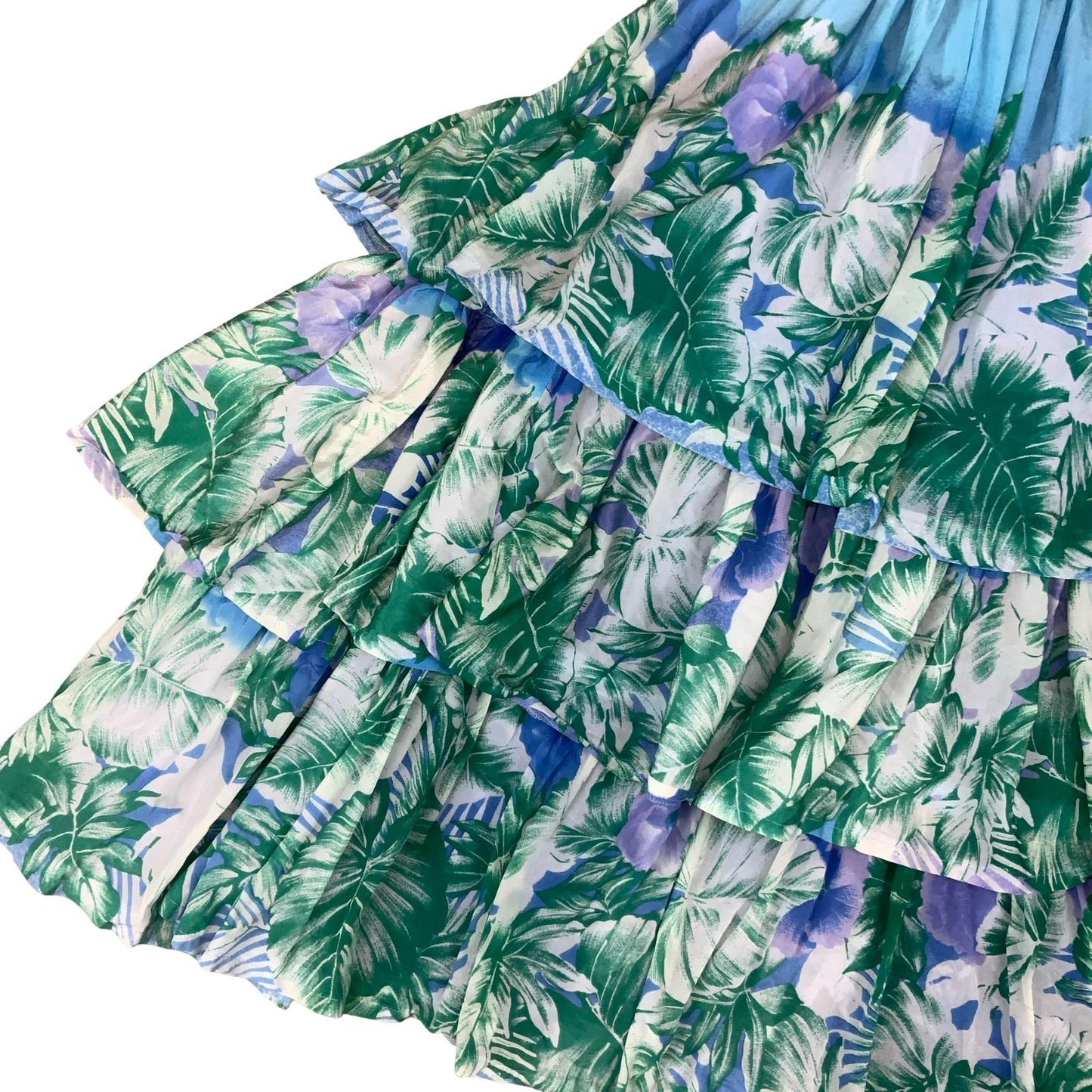 VTG 70s 80s 'SORA' BLUE GREEN BOTANICAL LAYERED FULL SKIRT LONG DRESS S 10