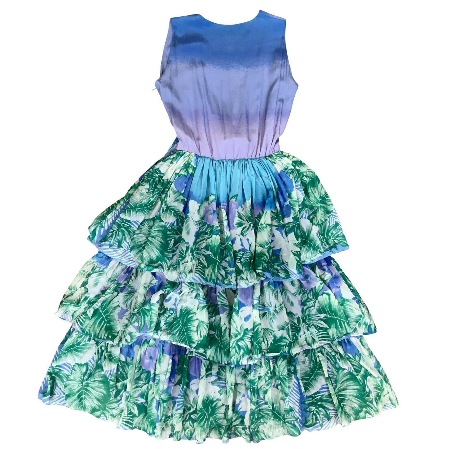 VTG 70s 80s 'SORA' BLUE GREEN BOTANICAL LAYERED FULL SKIRT LONG DRESS S 10