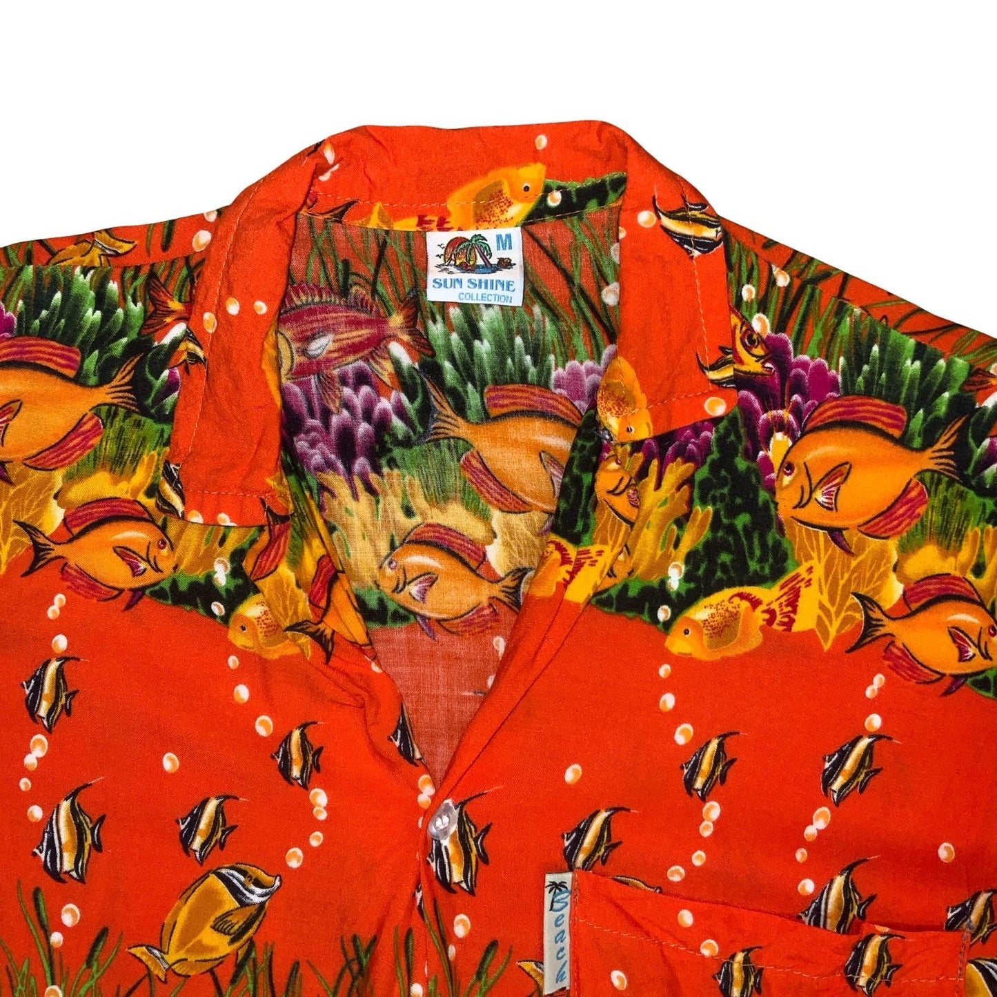 VTG 80s 90s 'SUN SHINE COLLECTION' ORANGE RED FISH GRAPHIC HAWAIIAN BEACH XS/S