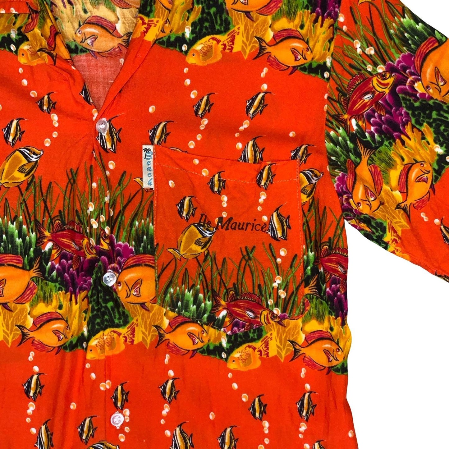 VTG 80s 90s 'SUN SHINE COLLECTION' ORANGE RED FISH GRAPHIC HAWAIIAN BEACH XS/S
