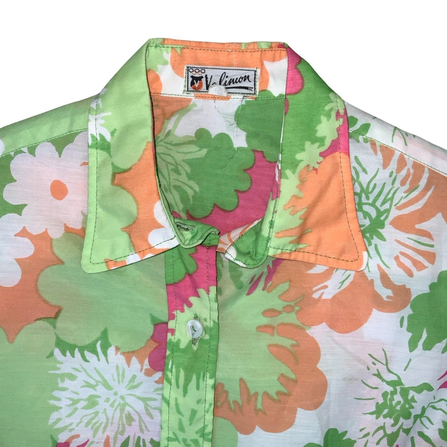 VTG 70s 'VALIMON' GREEN ORANGE PINK WHITE FLORAL GEOMETRIC RETRO BLOUSE UK 8/10