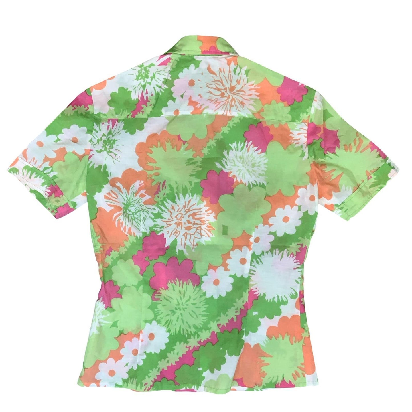 VTG 70s 'VALIMON' GREEN ORANGE PINK WHITE FLORAL GEOMETRIC RETRO BLOUSE UK 8/10