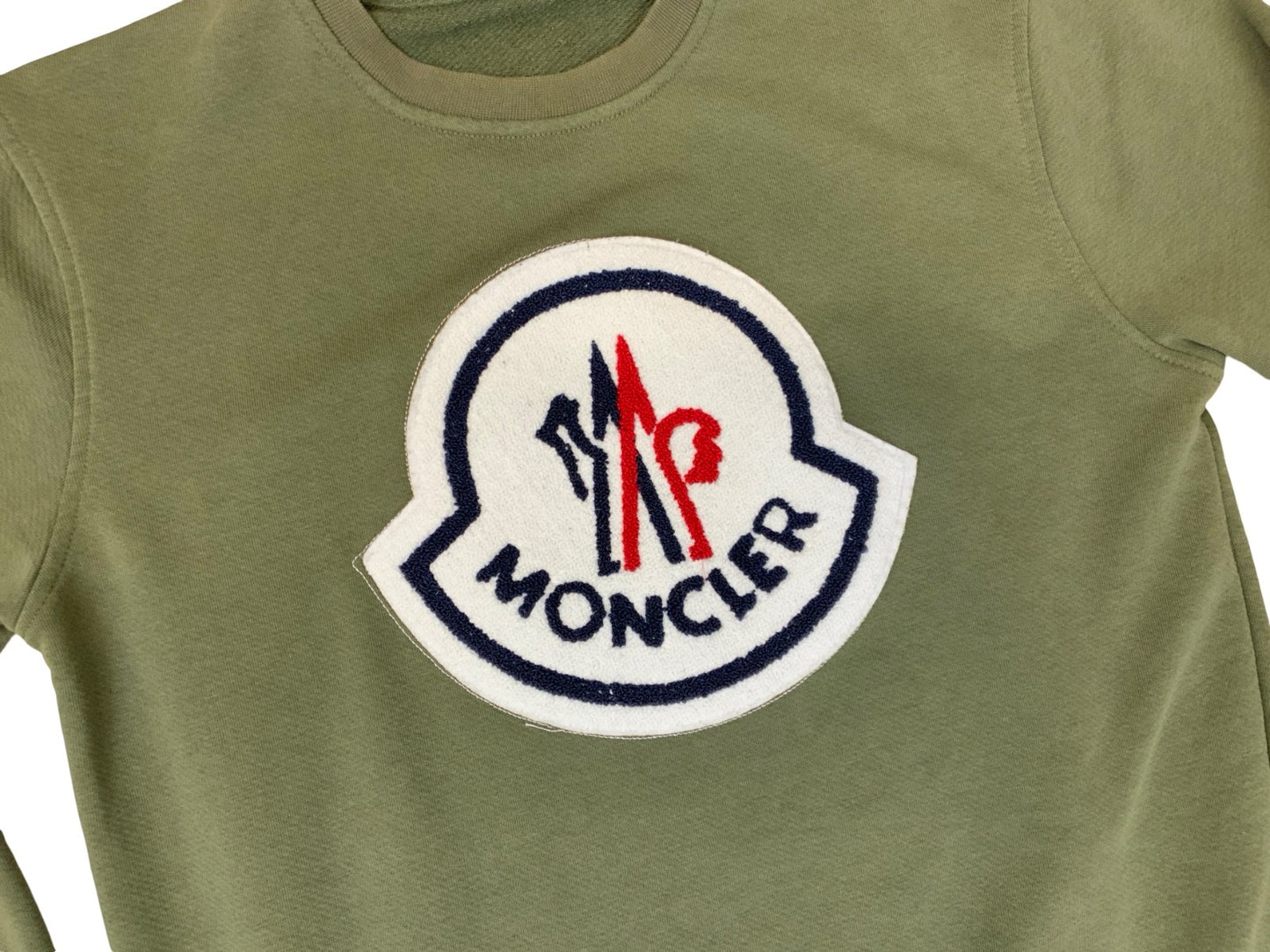 MONCLER OLIVE GREEN CHENILLE LOGO PATCH REVERSE WEAVE SWEATSHIRT MEDIUM