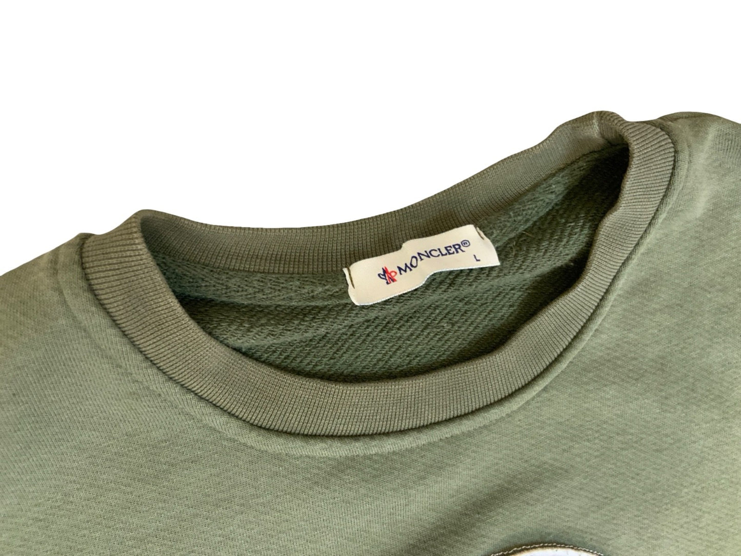 MONCLER OLIVE GREEN CHENILLE LOGO PATCH REVERSE WEAVE SWEATSHIRT MEDIUM