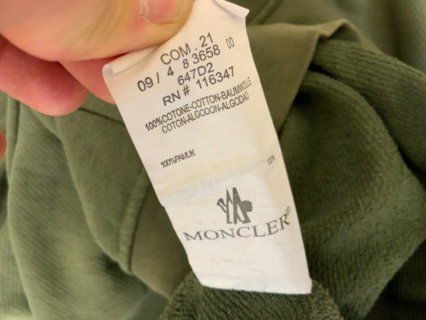MONCLER OLIVE GREEN CHENILLE LOGO PATCH REVERSE WEAVE SWEATSHIRT MEDIUM