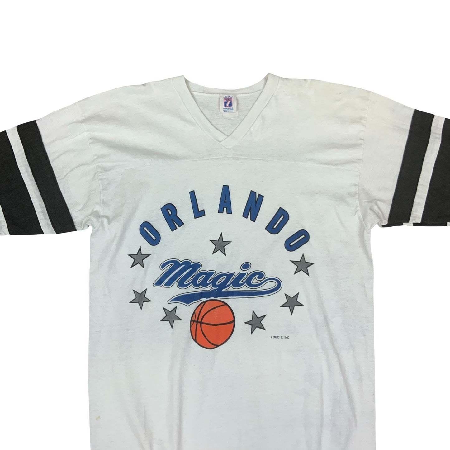 VTG 90S LOGO 7 ORLANDO MAGIC NBA BASKETBALL WHITE GRAPHIC V NECK TEE EXTRA LARGE