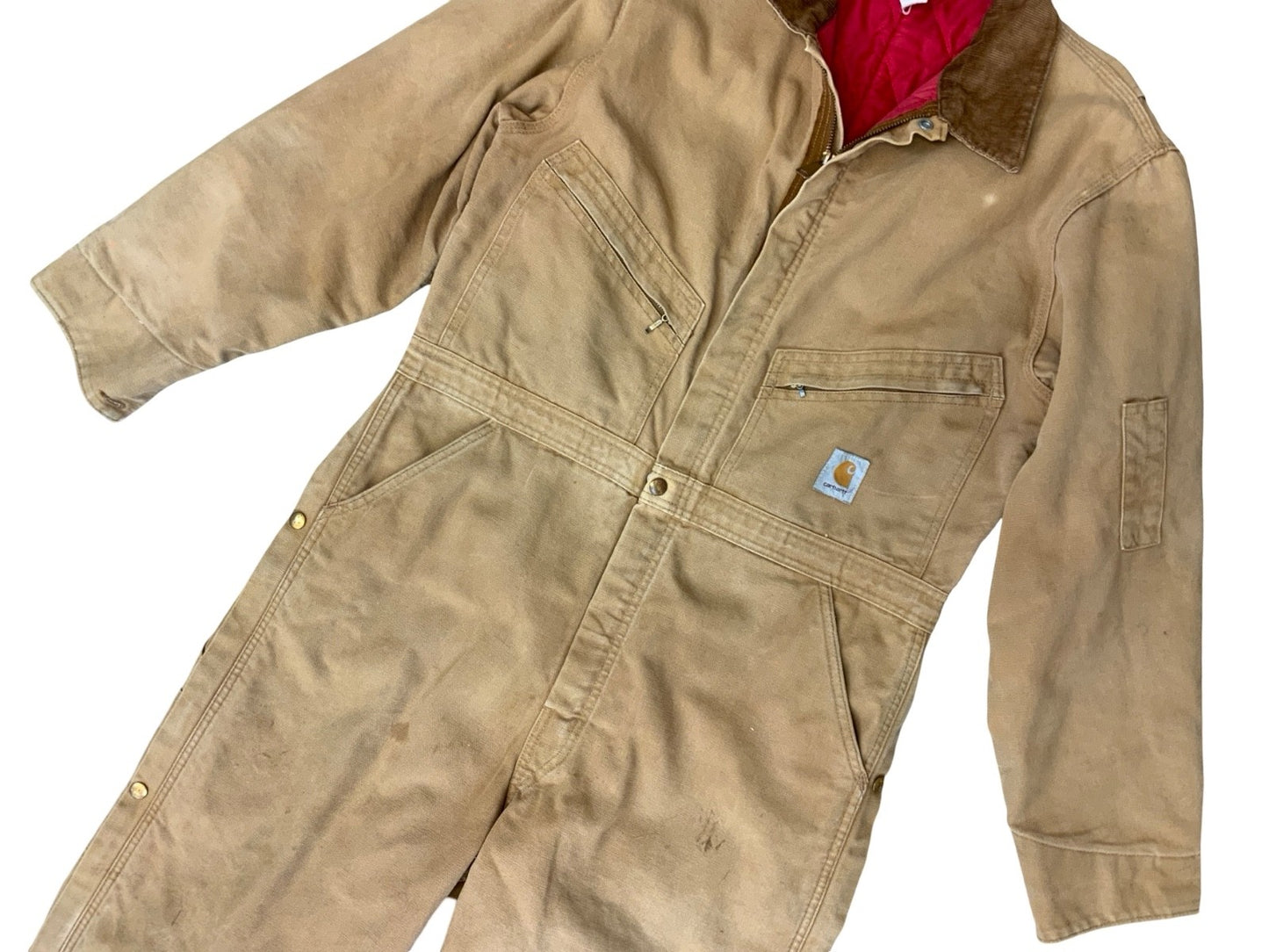 CARHARTT TAN DUCK CANVAS QUILT LINED BOILER SUIT OVERALLS USA WORKWEAR 36”W 27"L