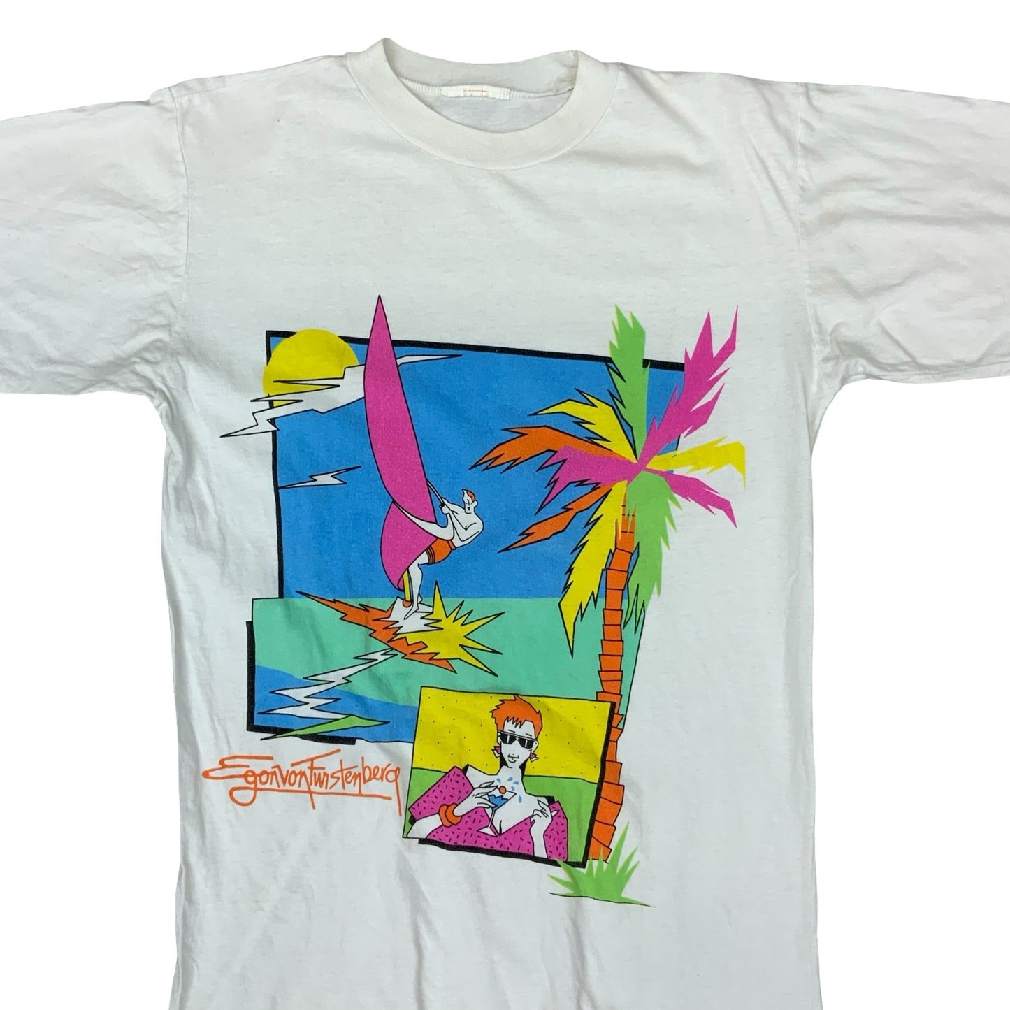 VTG 80S EGON VON FURSTENBERG WHITE SINGLE STITCH GRAPHIC TEE MEDIUM