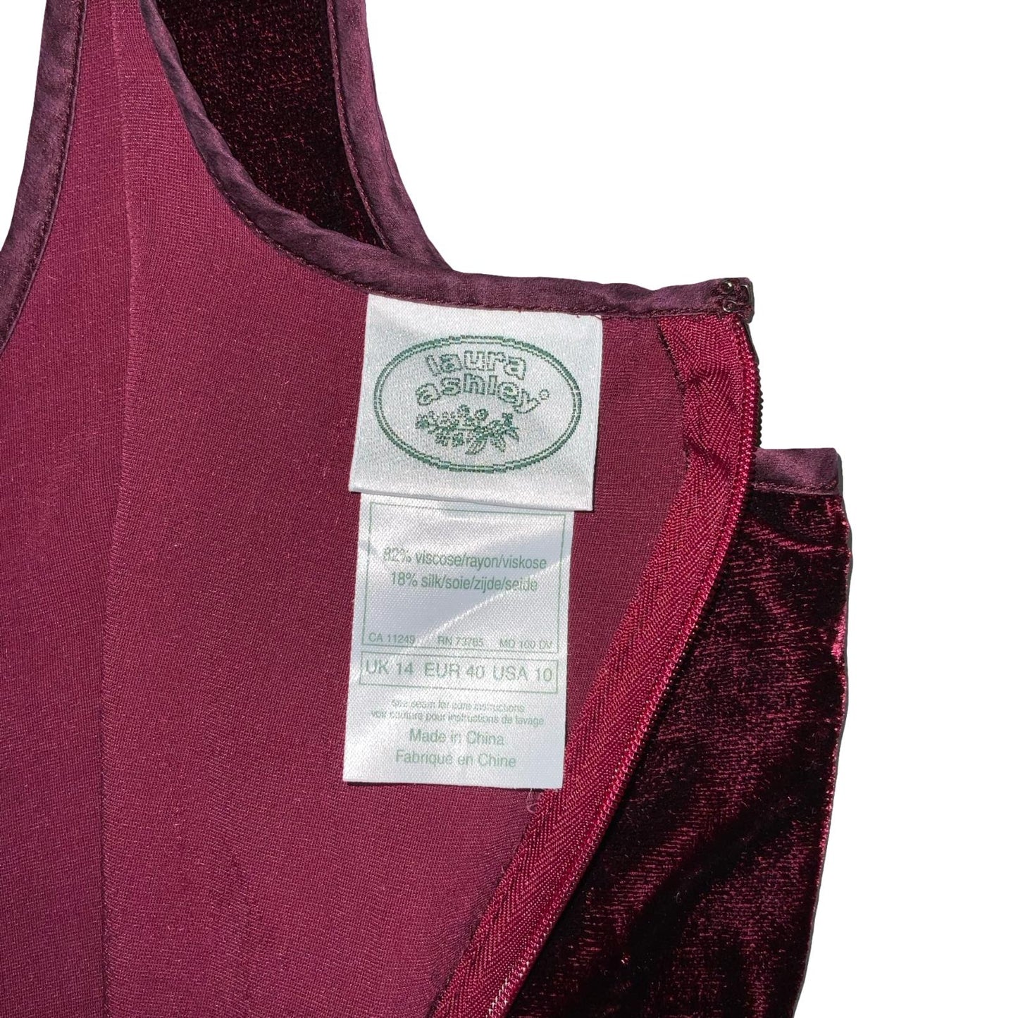 VTG 'LAURA ASHLEY' BURGUNDY RED SELVED SLEEVELESS VELVET MINI PARTY DRESS S 10