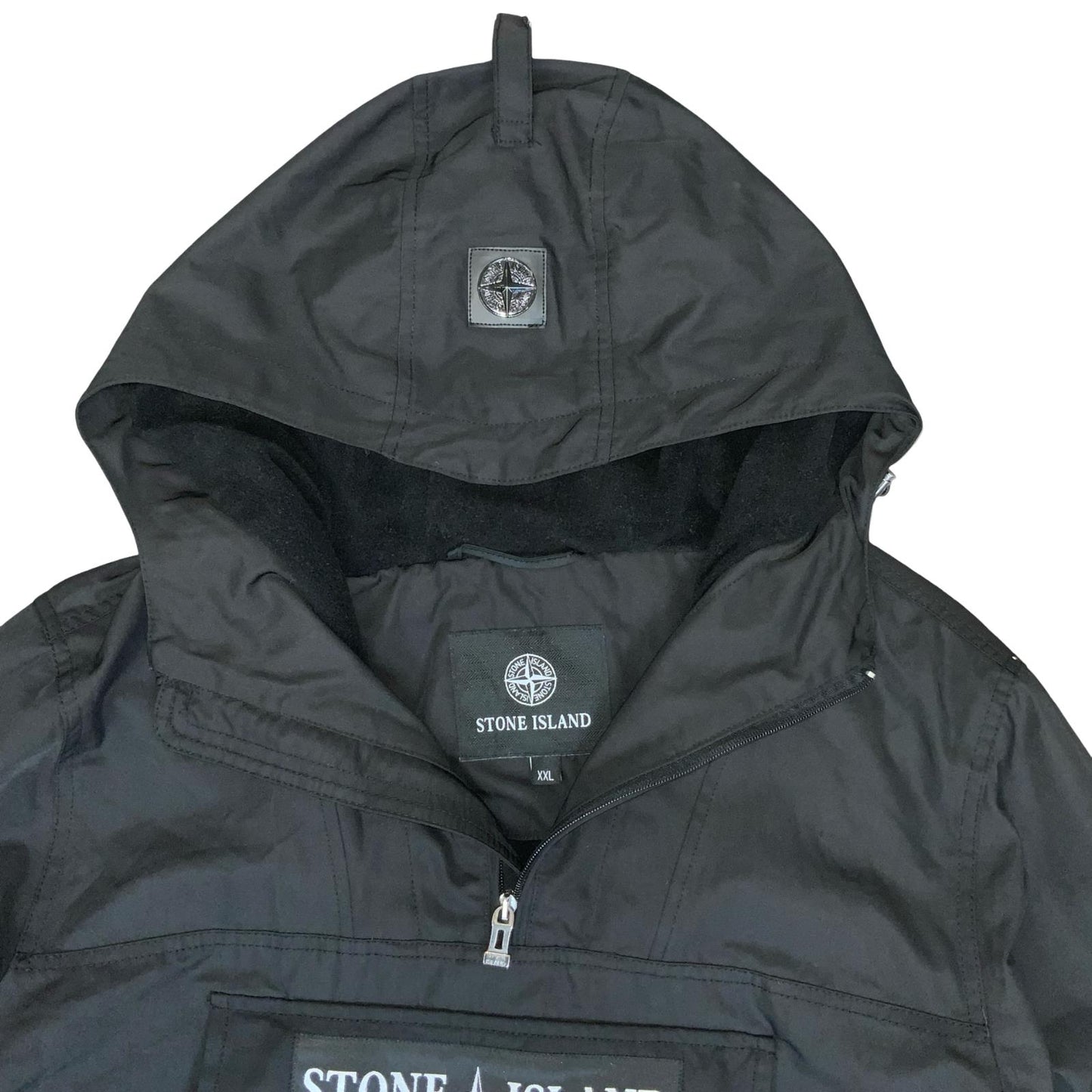VTG 90s 'STONE ISLAND' BLACK PULL-OVER GORPCORE HOODED ANORAK WINDBREAKER XXL