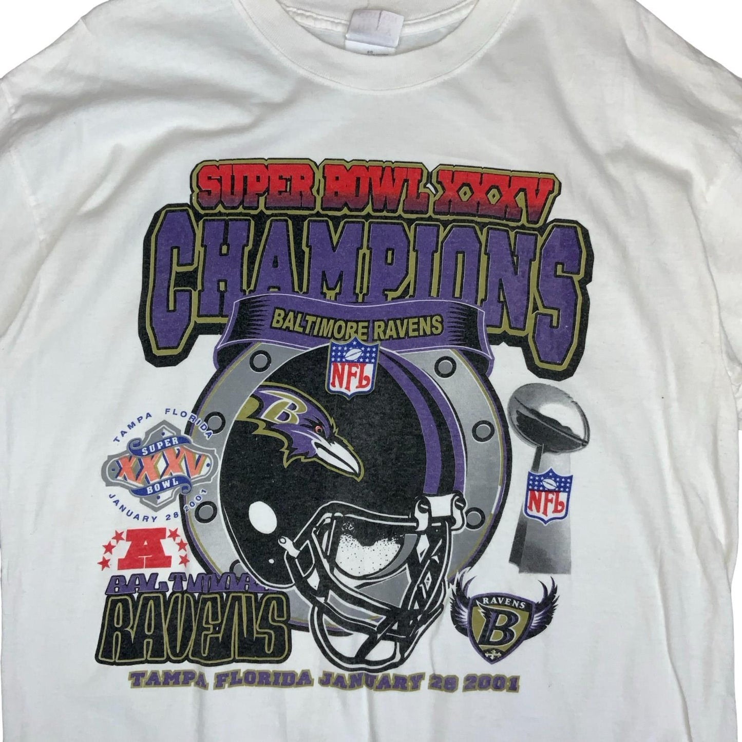 00s 'GILDAN' WHITE SUPERBOWL XXXV BALTIMORE RAVENS NFL CHAMPIONS T-SHIRT XL 2XL