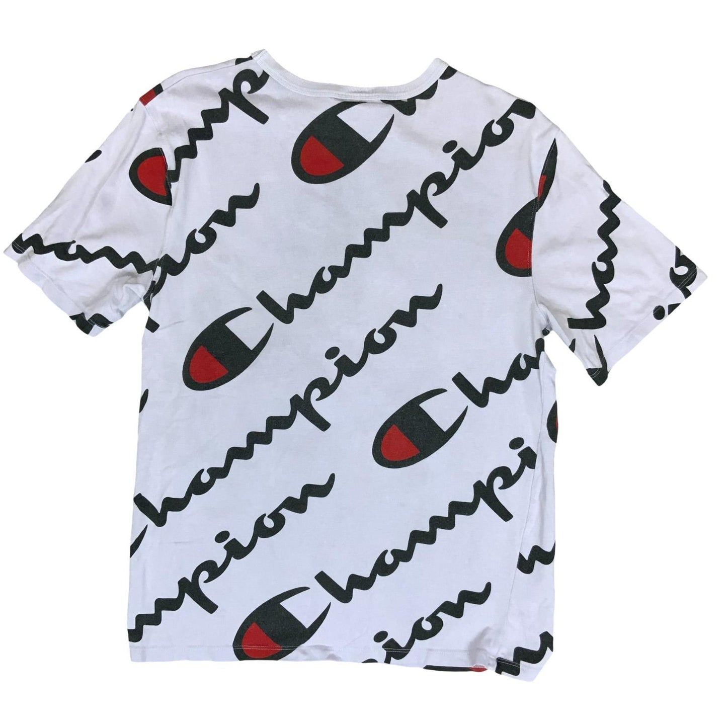 VTG 90s 'CHAMPION' LILAC ALL-OVER GRAPHIC PRINT LOGO SHORT SLEEVE T-SHIRT S M