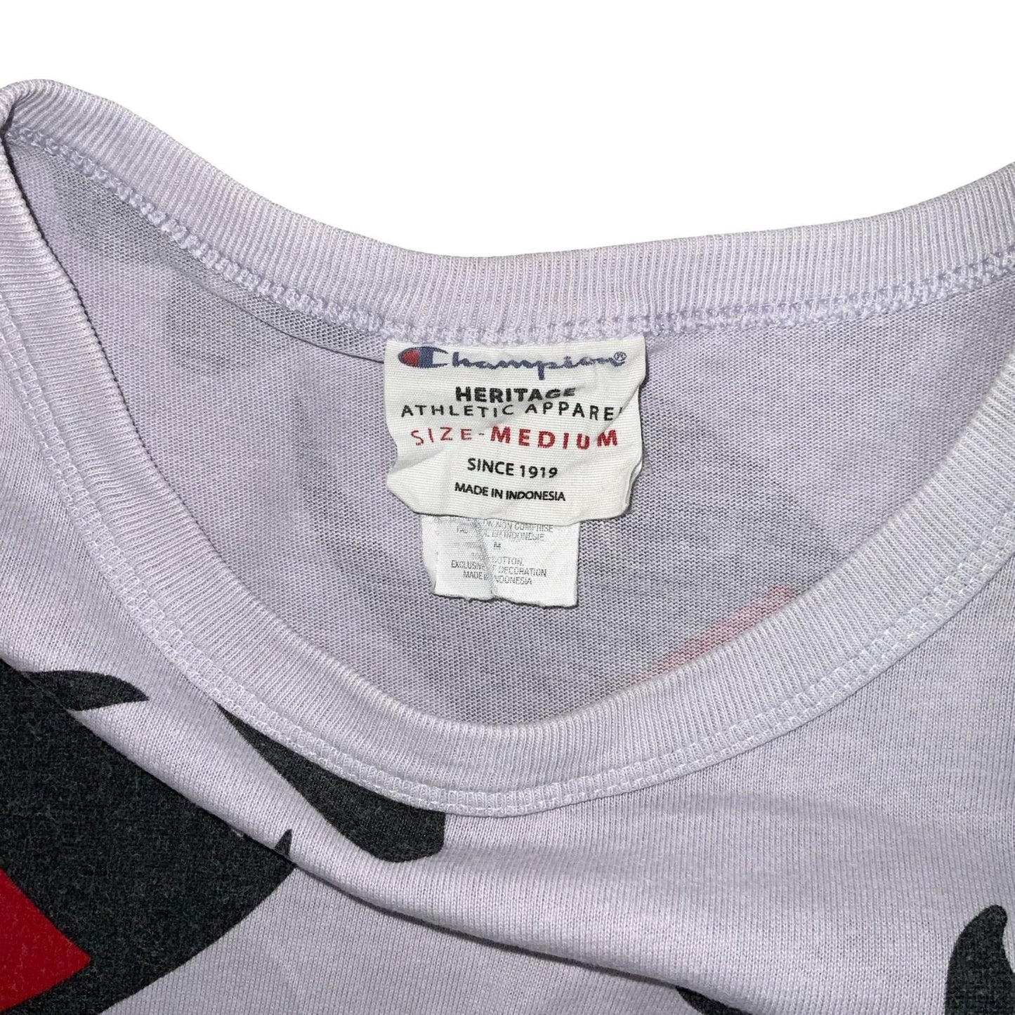 VTG 90s 'CHAMPION' LILAC ALL-OVER GRAPHIC PRINT LOGO SHORT SLEEVE T-SHIRT S M