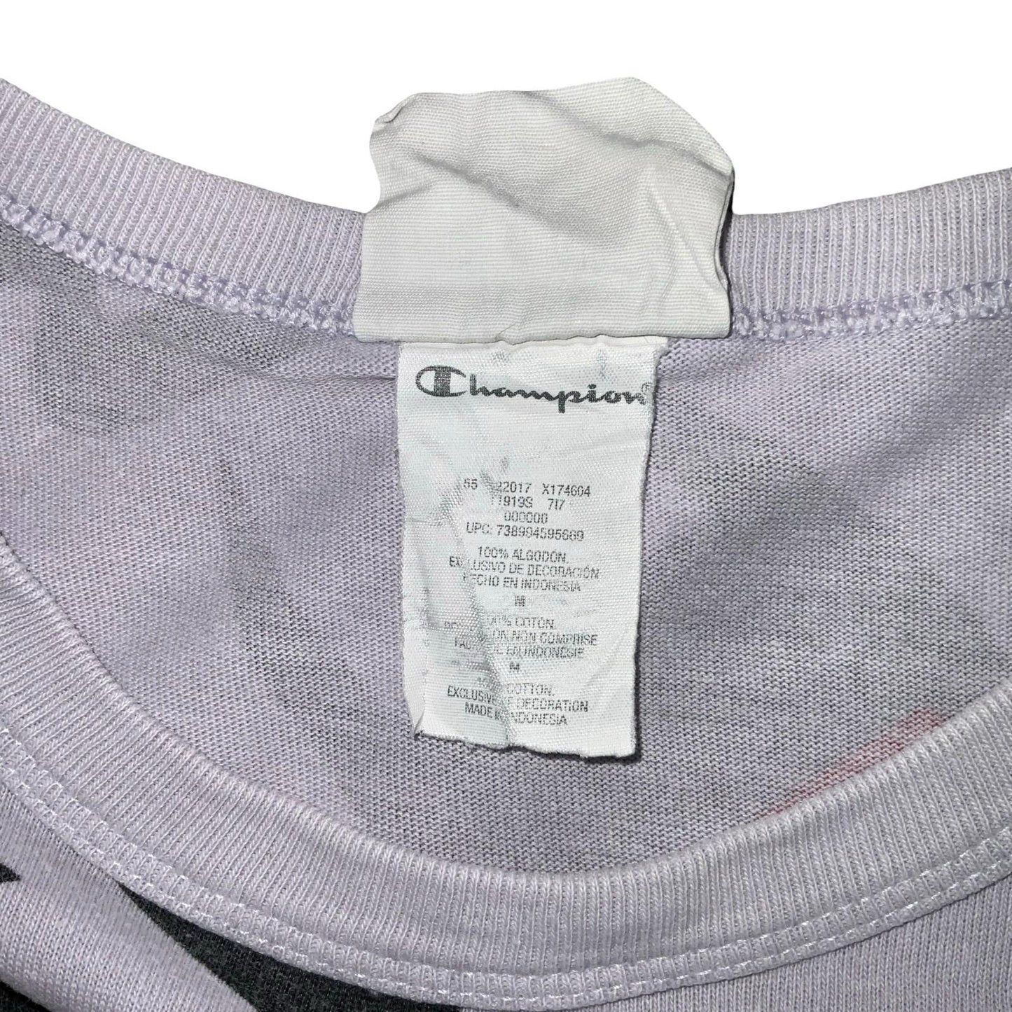 VTG 90s 'CHAMPION' LILAC ALL-OVER GRAPHIC PRINT LOGO SHORT SLEEVE T-SHIRT S M