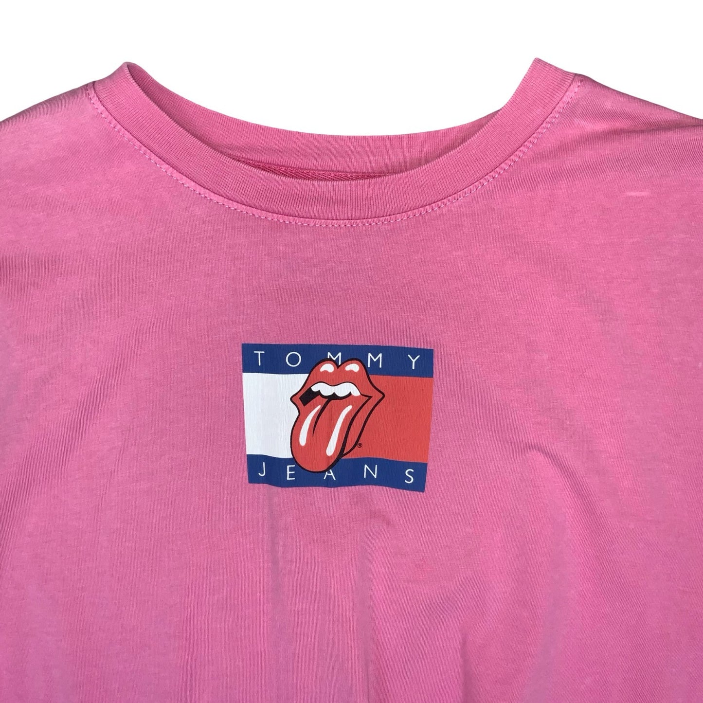 90s 'TOMMY JEANS' PINK THE ROLLING STONES GRAPHIC CROPPED LONG SLEEVE T-SHIRT L