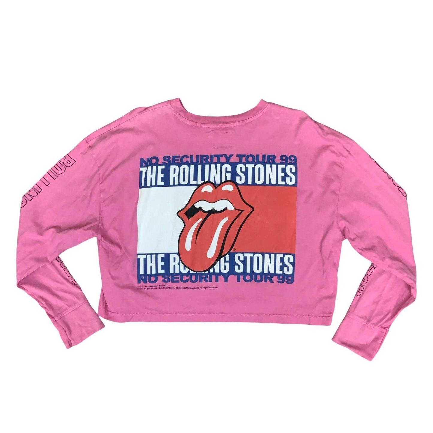 90s 'TOMMY JEANS' PINK THE ROLLING STONES GRAPHIC CROPPED LONG SLEEVE T-SHIRT L