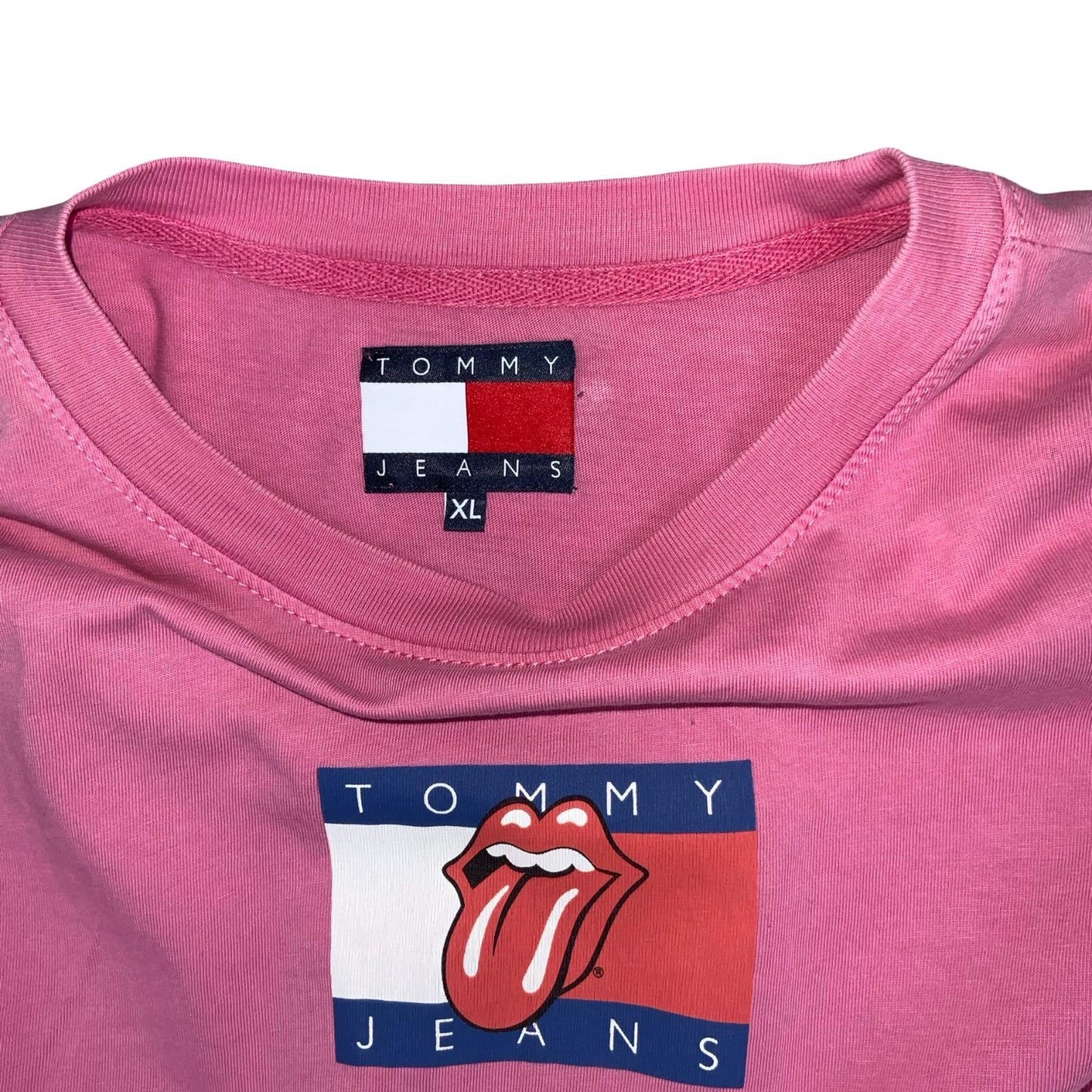90s 'TOMMY JEANS' PINK THE ROLLING STONES GRAPHIC CROPPED LONG SLEEVE T-SHIRT L