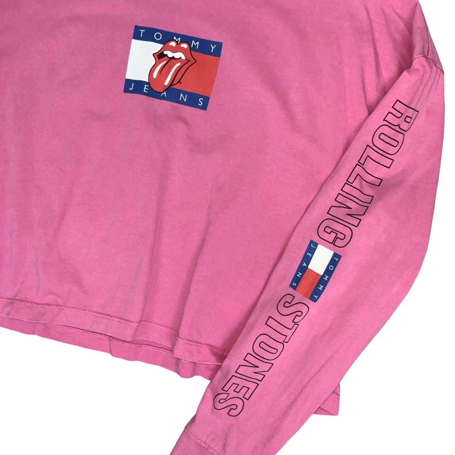 90s 'TOMMY JEANS' PINK THE ROLLING STONES GRAPHIC CROPPED LONG SLEEVE T-SHIRT L